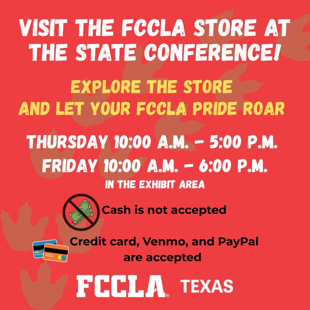 Make sure to explore the FCCLA Store at the State Leadership Conference! Remember, NO CASH!! #TexasFCCLA #TexasFCCLASLC2026 #RoarandExplore