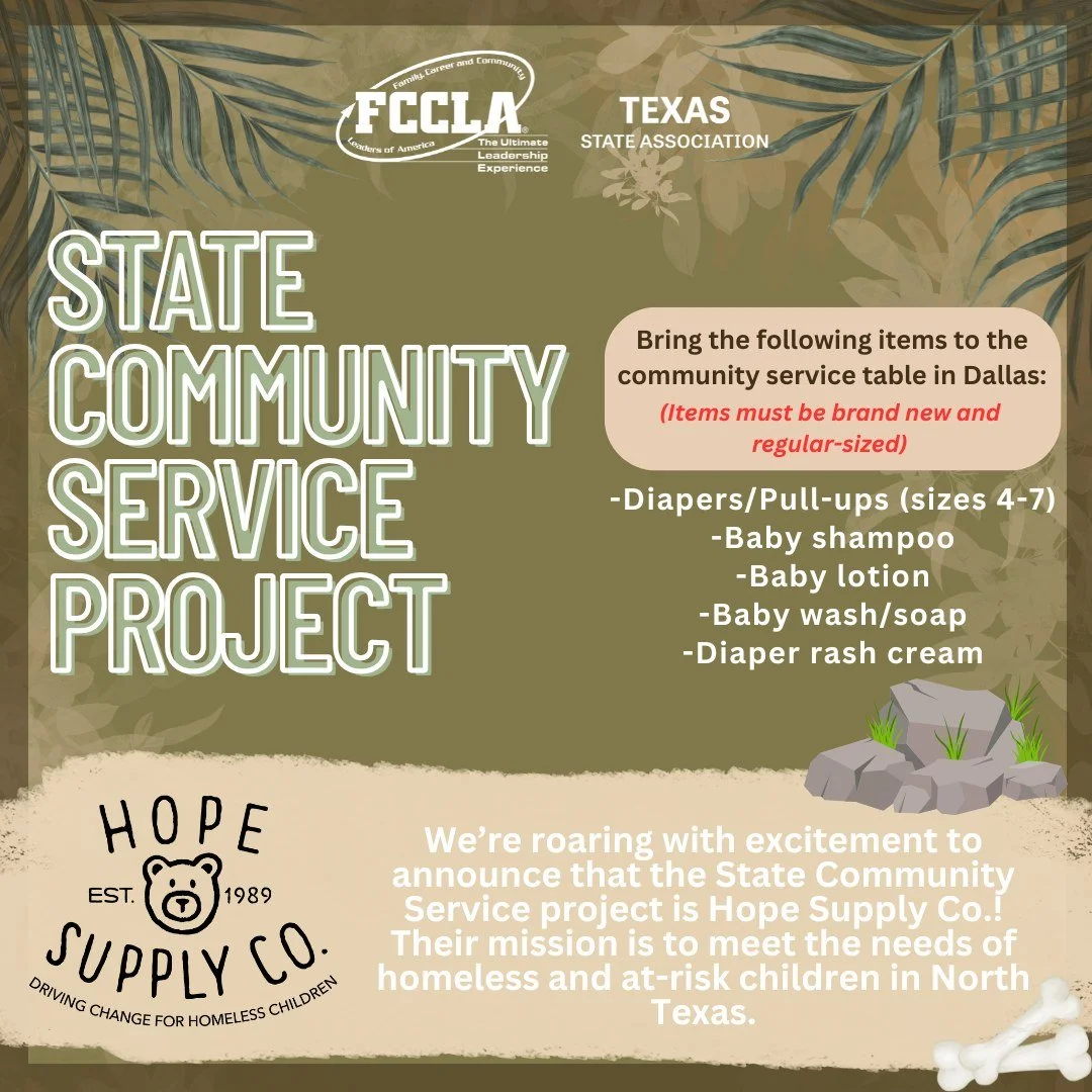 Who will bring the most donations for this year's State Community Service Project benefiting Hope Supply Co? Your chapter just might be recognized on stage!! #TexasFCCLA #TexasFCCLASLC2026 #RoarandExplore