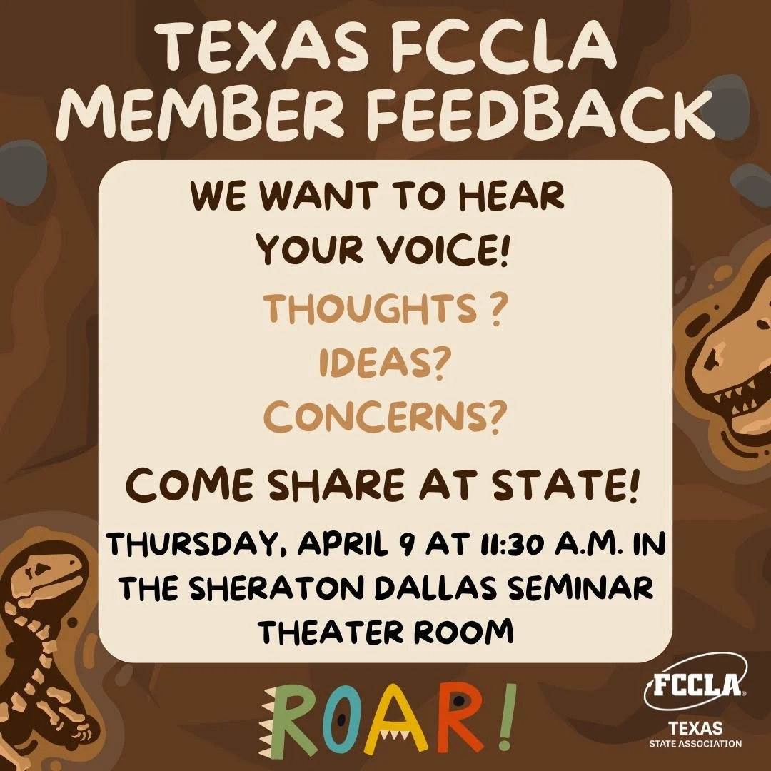 It&rsquo;s time for us to hear your ROAR! Share your thoughts, concerns, and ideas in the Member Feedback. #TexasFCCLA #TexasFCCLASLC2026 #RoarandExplore