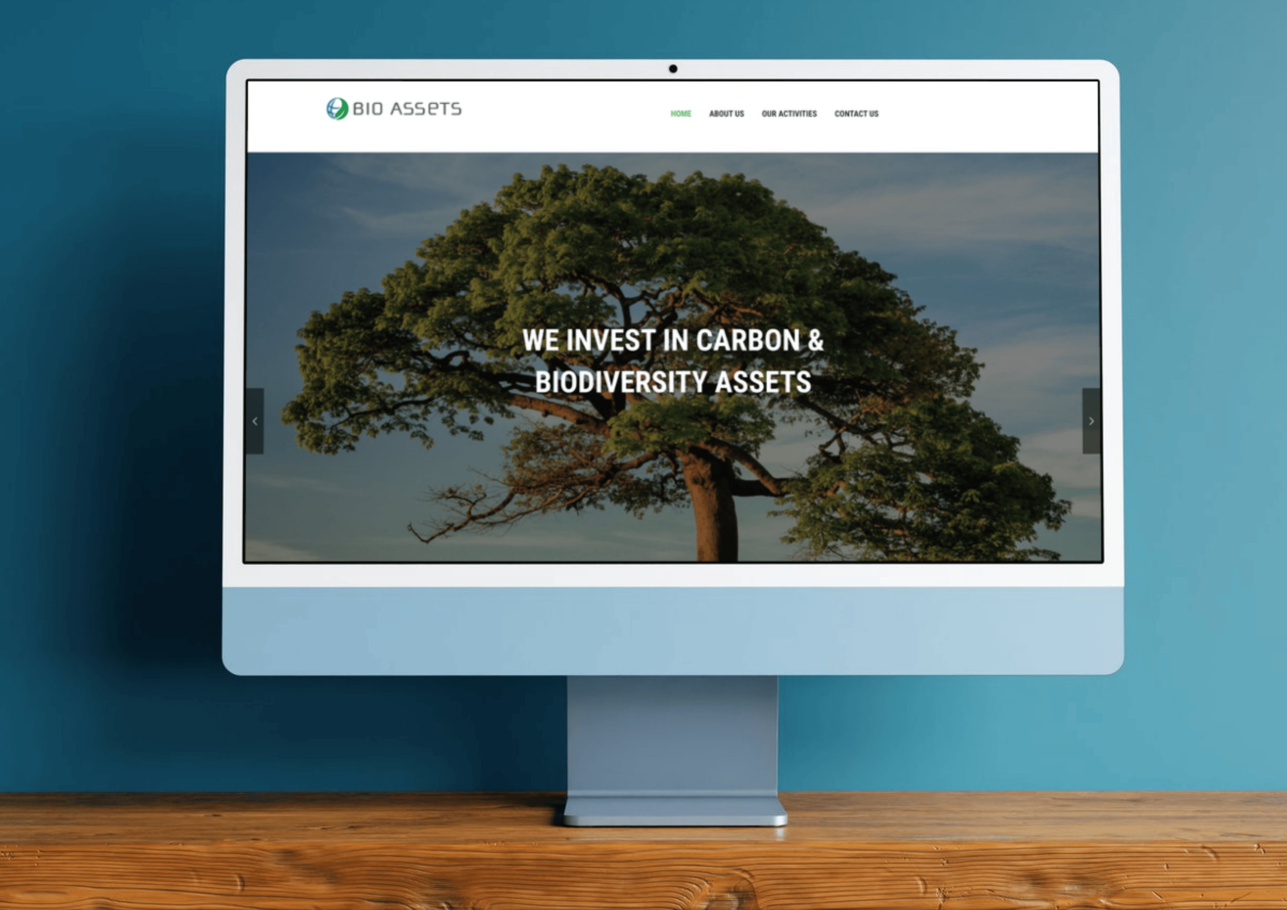 Desktop mock-up showing the redesigned BioAssets homepage with a clean, modern layout focused on carbon and biodiversity investment.
