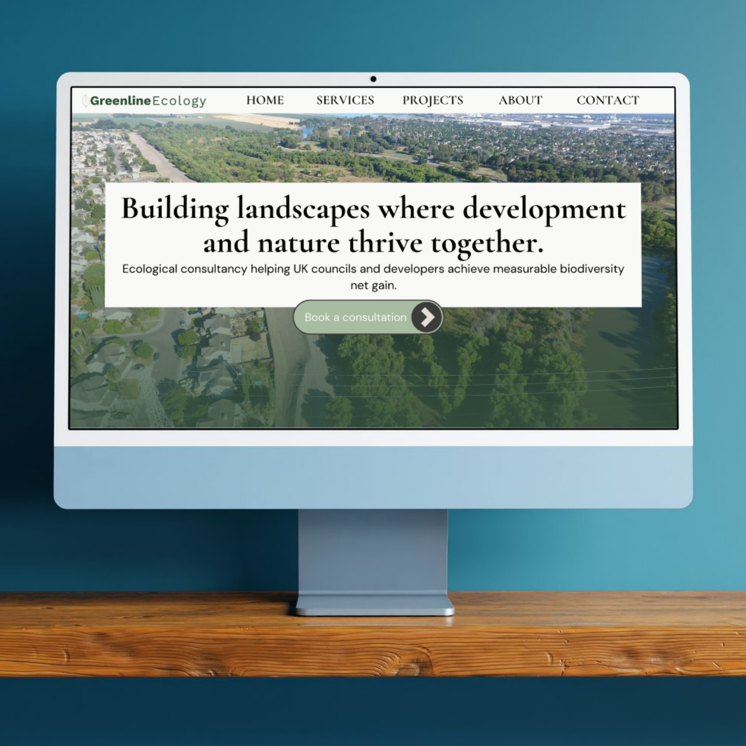 Greenline Ecology website displayed on a desktop screen, featuring the hero headline “Building landscapes where development and nature thrive together.”
