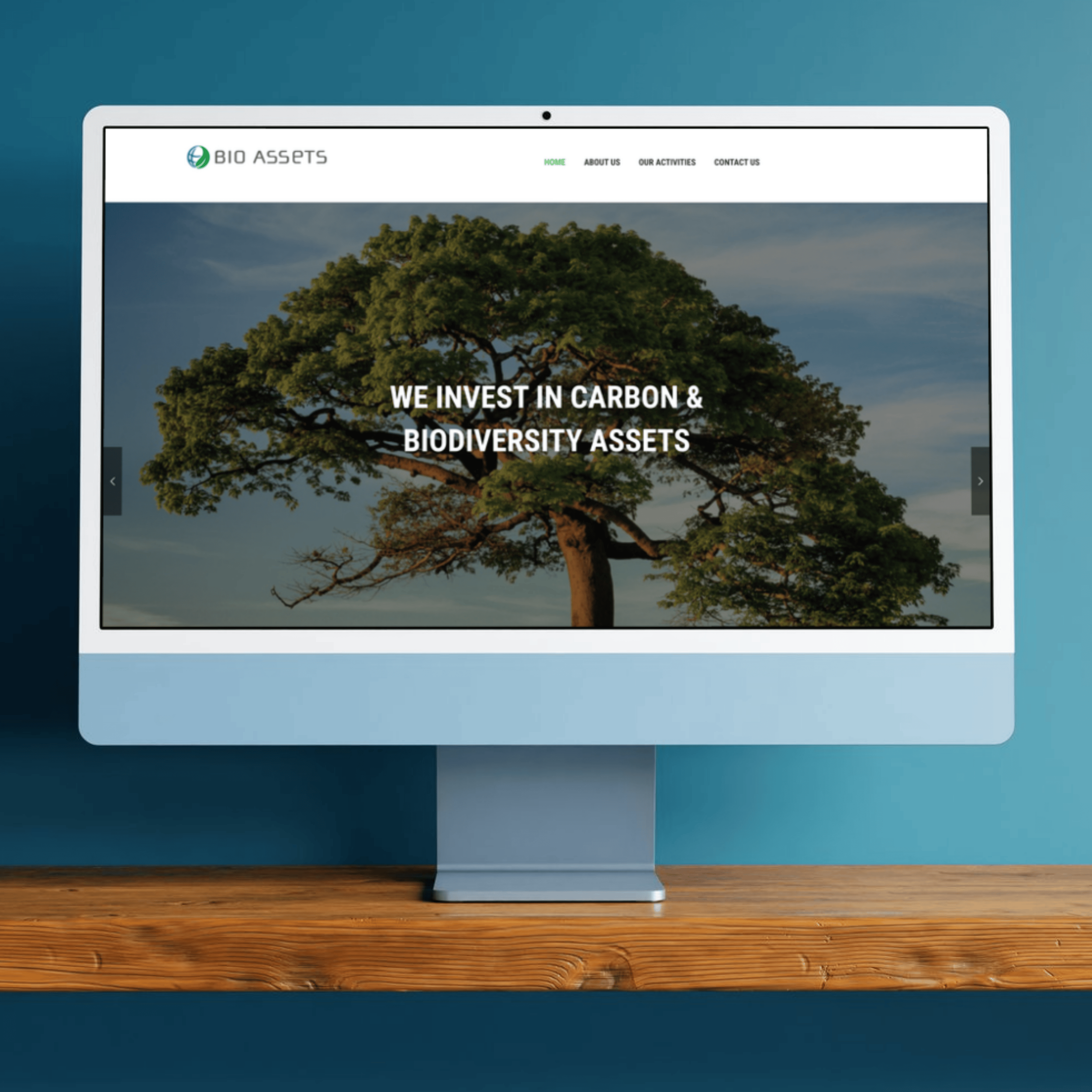Desktop mock-up showing the redesigned BioAssets homepage with a clean, modern layout focused on carbon and biodiversity investment.