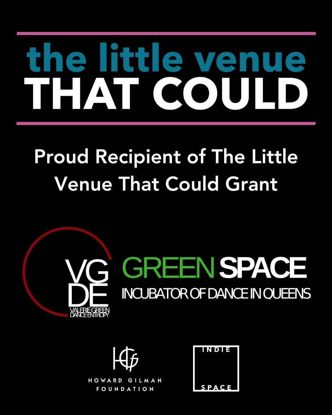 Dance Entropy/Green Space is honored to be a recipient of The Little Venue That Could Grant from the Howard Gilman Foundation @howardgilmanfoundation and IndieSpace @indiespacenyc

This two-year grant supports small NYC venues, helping us to continue