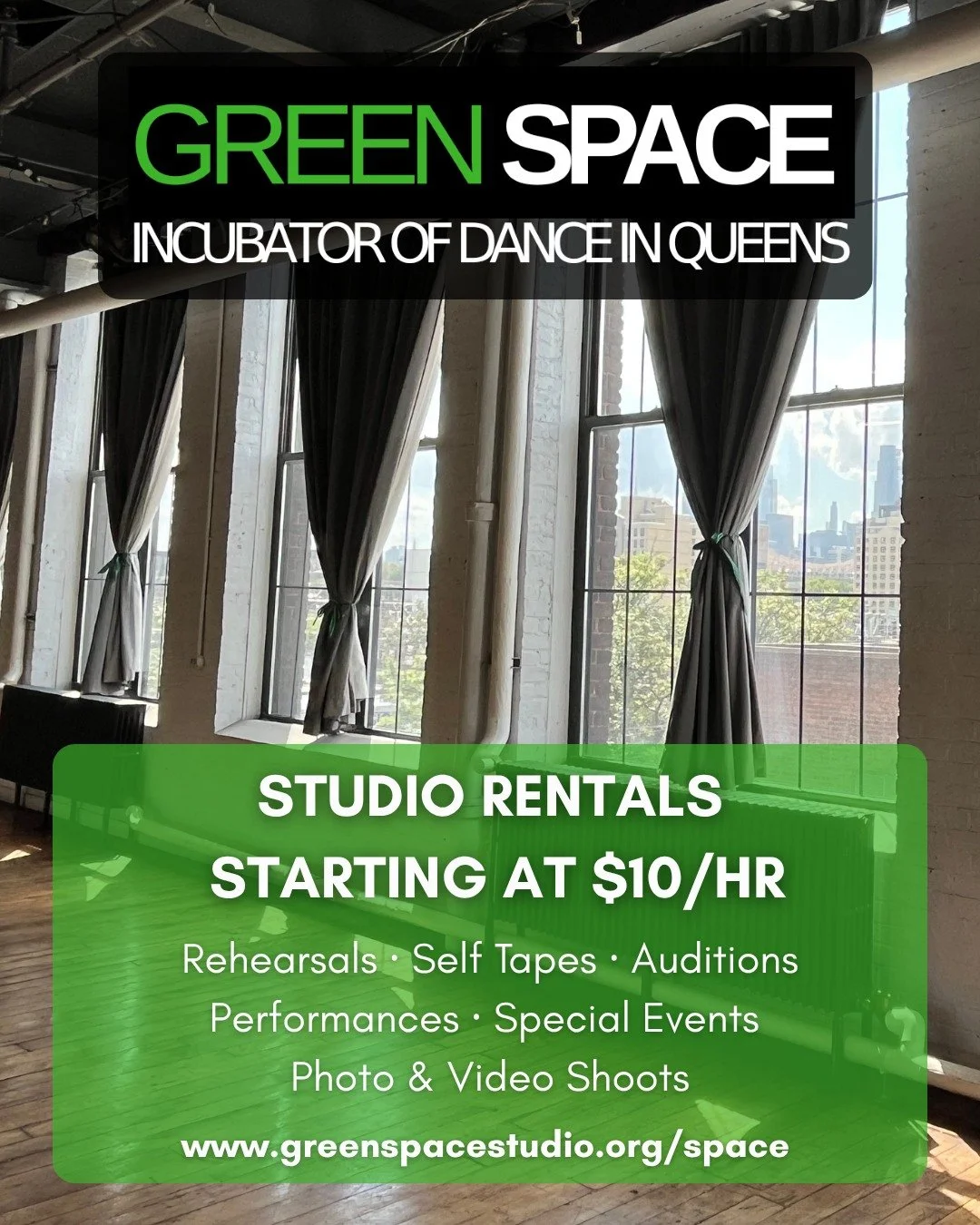 Rentals at Green Space start at just $10/hr - for rehearsals, self-tapes, special events and more! Check the public rentals calendar on our website (or use the link in our bio), and then email info@greenspacestudio.org to book. Be sure to let us know