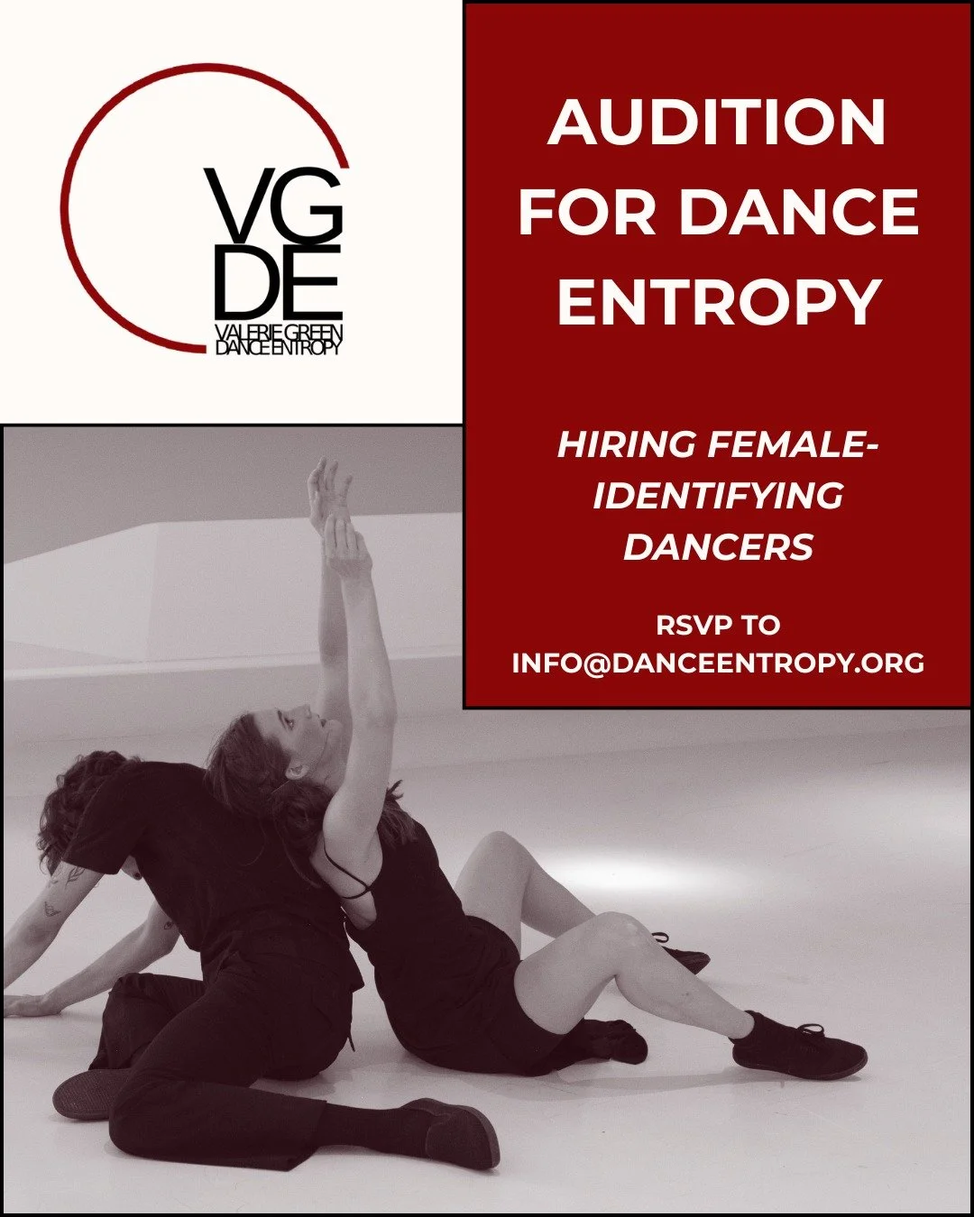 Dance Entropy is holding auditions for female-identifying dancers on January 12th,  2026 at Green Space. BIPOC dancers are highly encouraged to audition. Email info@danceentropy.org to reserve space at the audition - link in bio for full info!

#danc
