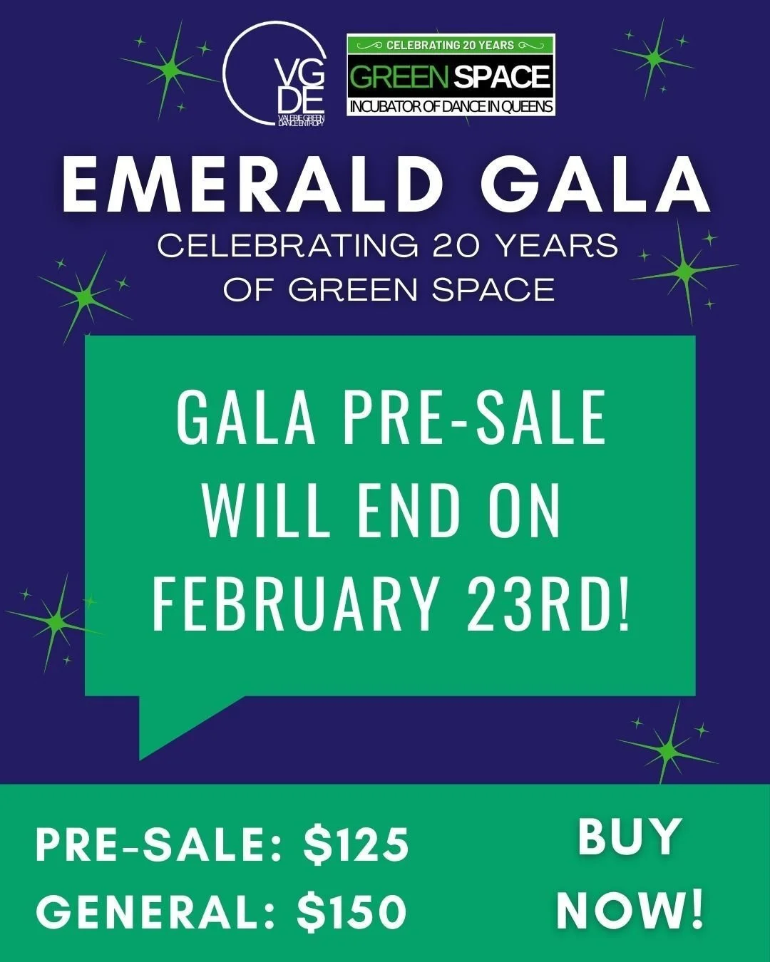Pre-Sale for the Emerald Gala will end next Monday, February 23rd! Buy now to save $25 on tickets and join us for live music, performance, food, refreshments, and paddle raise in support of Green Space/Dance Entropy's performance, educational, and ou
