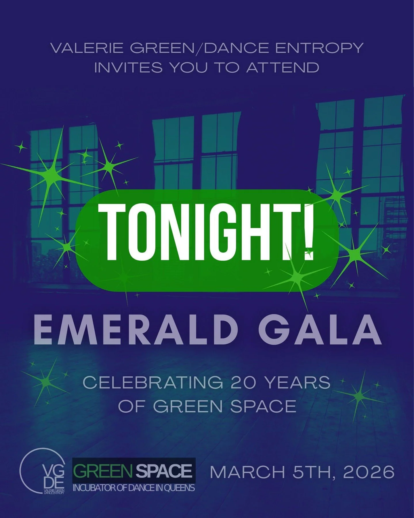 The Emerald Gala: Celebrating 20 Years of Green Space is TONIGHT at 6:00 PM! There's still time to buy your ticket and join us for live music, performance, food, refreshments, and paddle raise in support of Green Space/Dance Entropy's performance, ed