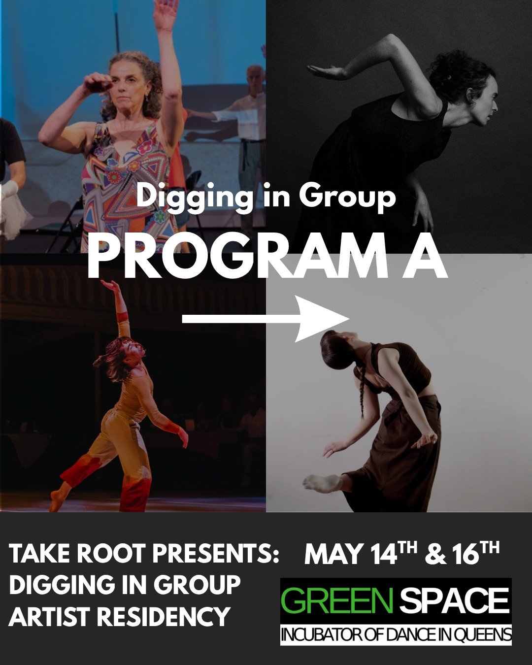 THIS WEEKEND! Take Root Presents: Digging in Group performances begin with Program A. Featuring Not A Dance Company, Will Pettigrew, Louise Heit and Charlotte Aucella. Swipe to learn more about these exciting new works! Ticket link in bio.