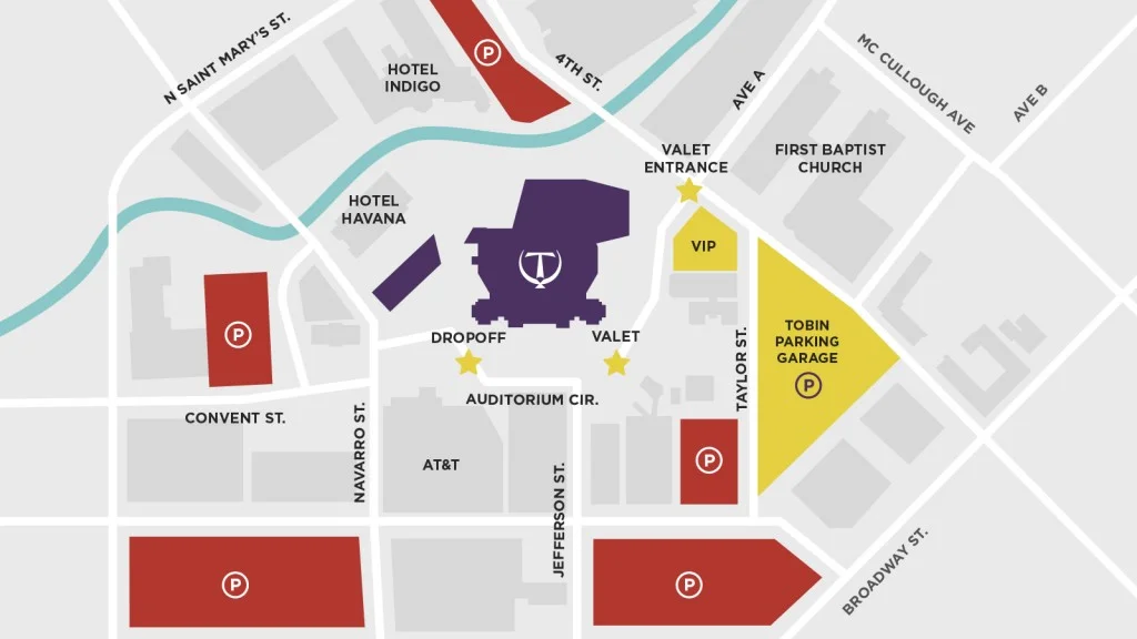 The Tobin Center for the Performing Arts has easily accessible parking areas - including The Tobin Center Parking Garage NOW OPEN (at 227 4th Street, 78205 ) - all within two blocks of the venue for events. The Tobin Center for the Performing Arts provides a drop off area for patrons on Auditorium Circle located to the left of the front steps. To access the drop off location, drive north on Jefferson Street and turn left on Auditorium Circle. Curbside valet parking is available for most events, and you can buy parking in advance from TOBi by clicking here . (Please remember that parkig is date specific.) Handicap accessible parking is available in the Tobin Center Parking Garage on all levels - $10 General Admission Parking, $20 Reserved Space Parking. Limited handicap accessible parking is also available in the parking lot at the corner of Auditorium & 4th Street.