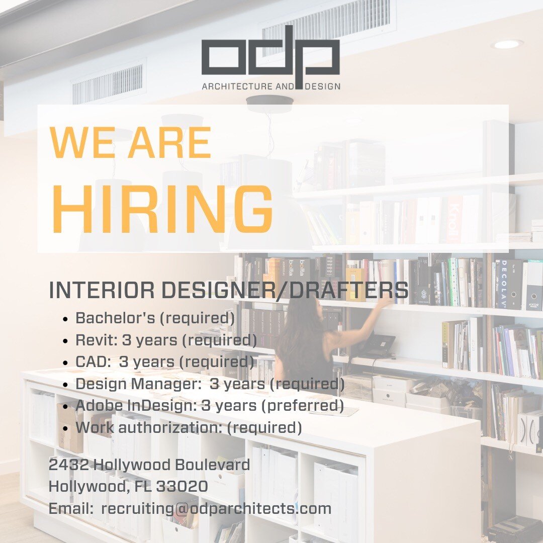 's Interiors Division is seeking Interior Designer/Drafters to join its Hollywood office working in the Multi-Family, Residential, Office, and one-of-a-kind practice areas. This position entails creating and developing design concepts, documenting th