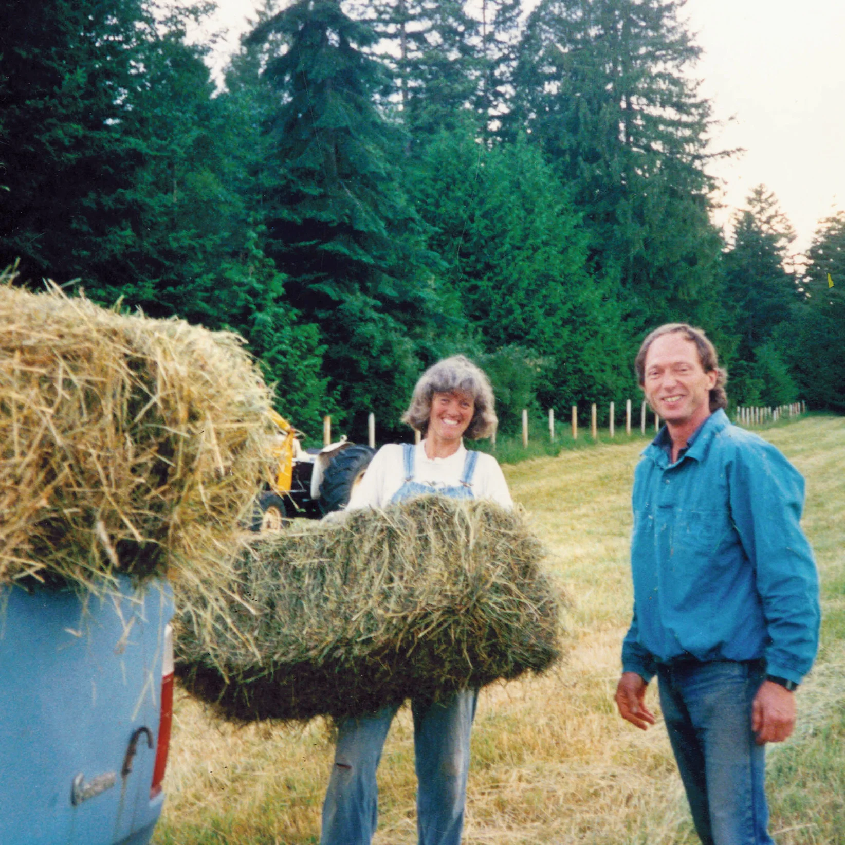 Lisa and John throwing hay bales back nearer the beginnings of the farm.