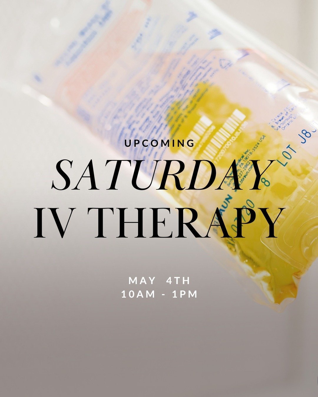 We have a couple IV Therapy spots left for Saturday ⁠
✨ May 4th ✨ from 10am - 1:00pm!⁠
⁠
We offer:⁠
- vitamin drips⁠
- pre and post surgery recovery⁠
- high dose vitamin C⁠
- athletic recovery⁠
- hangover recovery⁠
- nebulized glutathione to support 