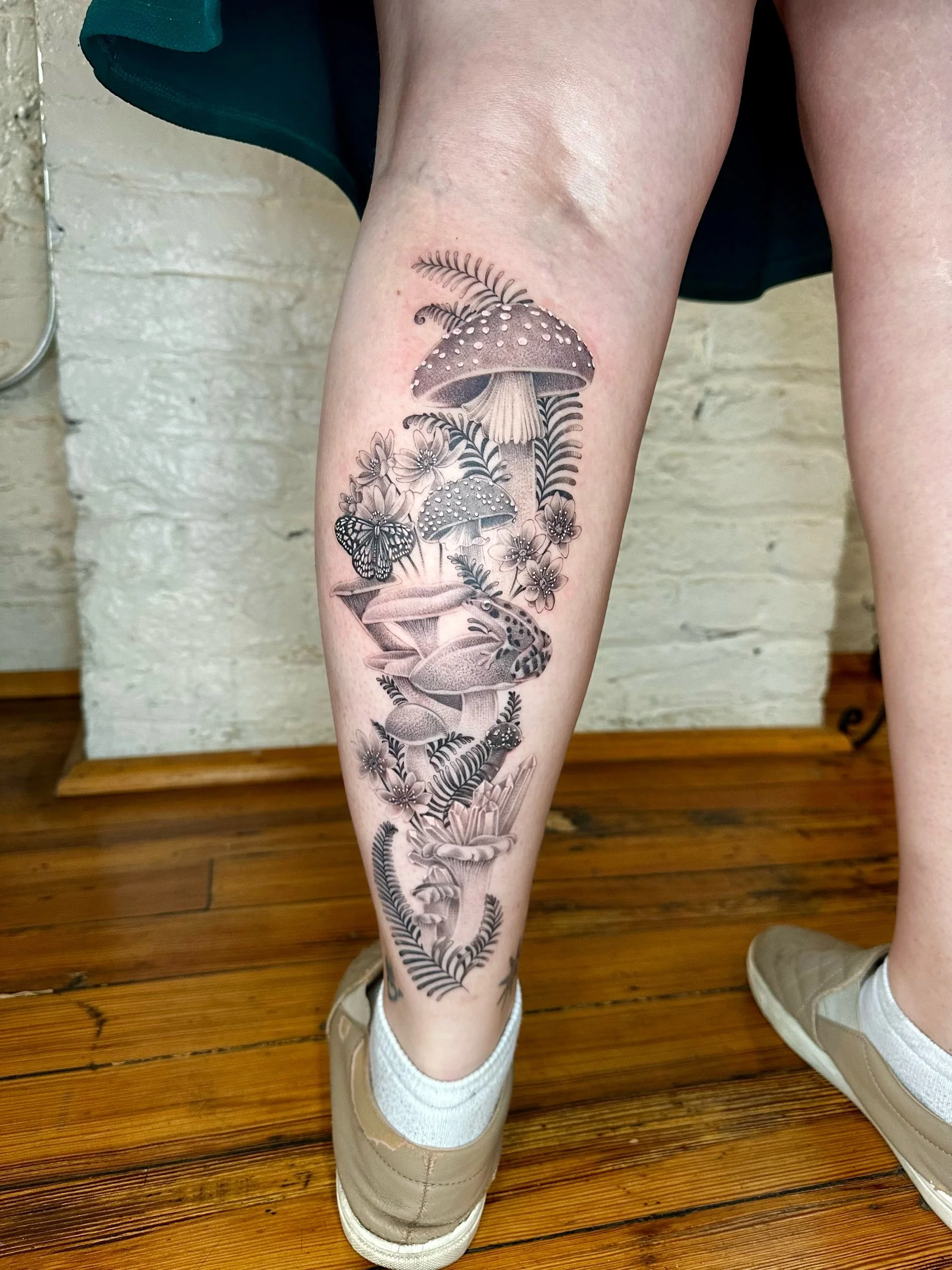 Black and Grey Whimsical Mushroom Tattoo