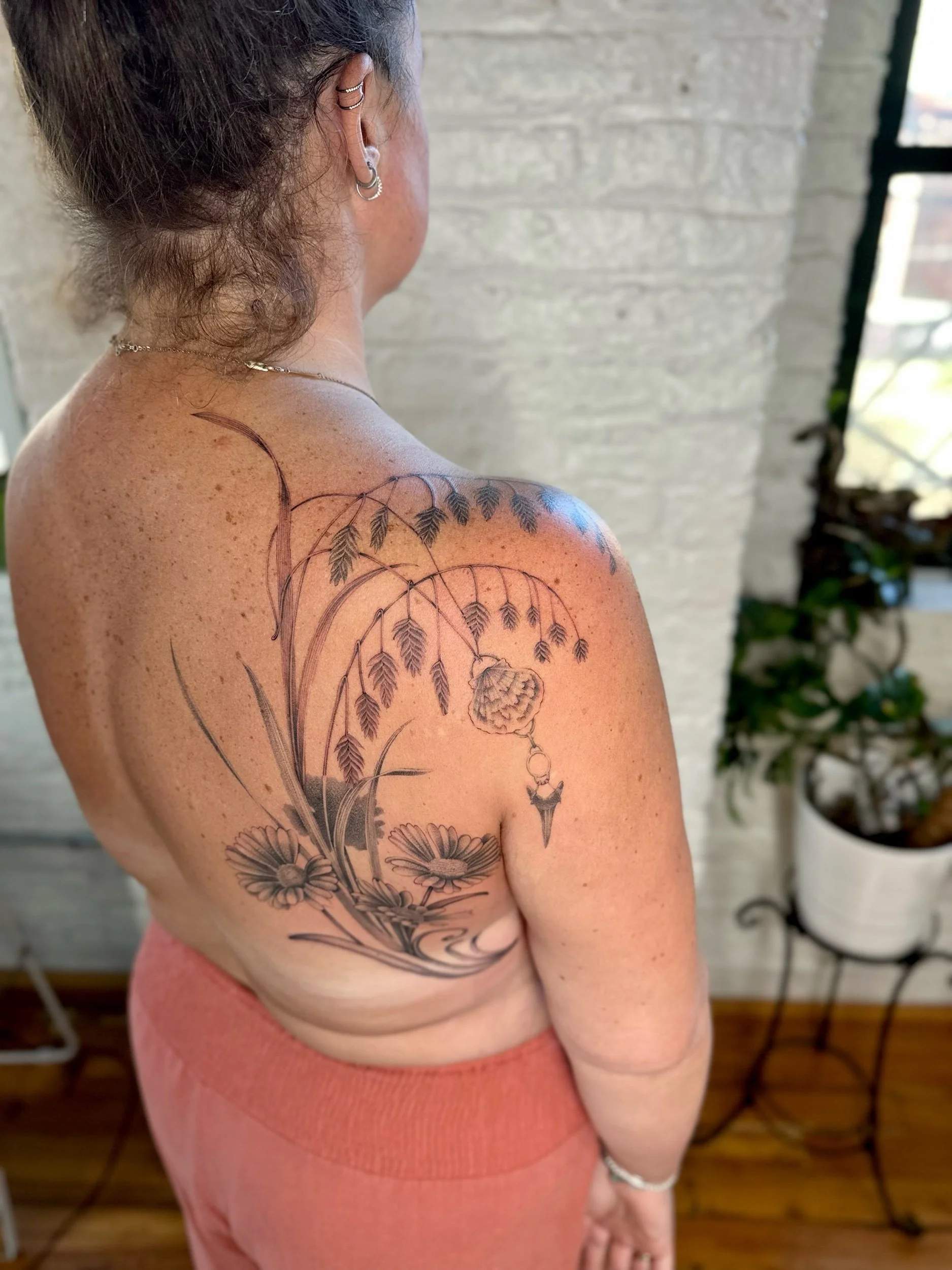 Fine Line Black and Grey Botanical Tattoo