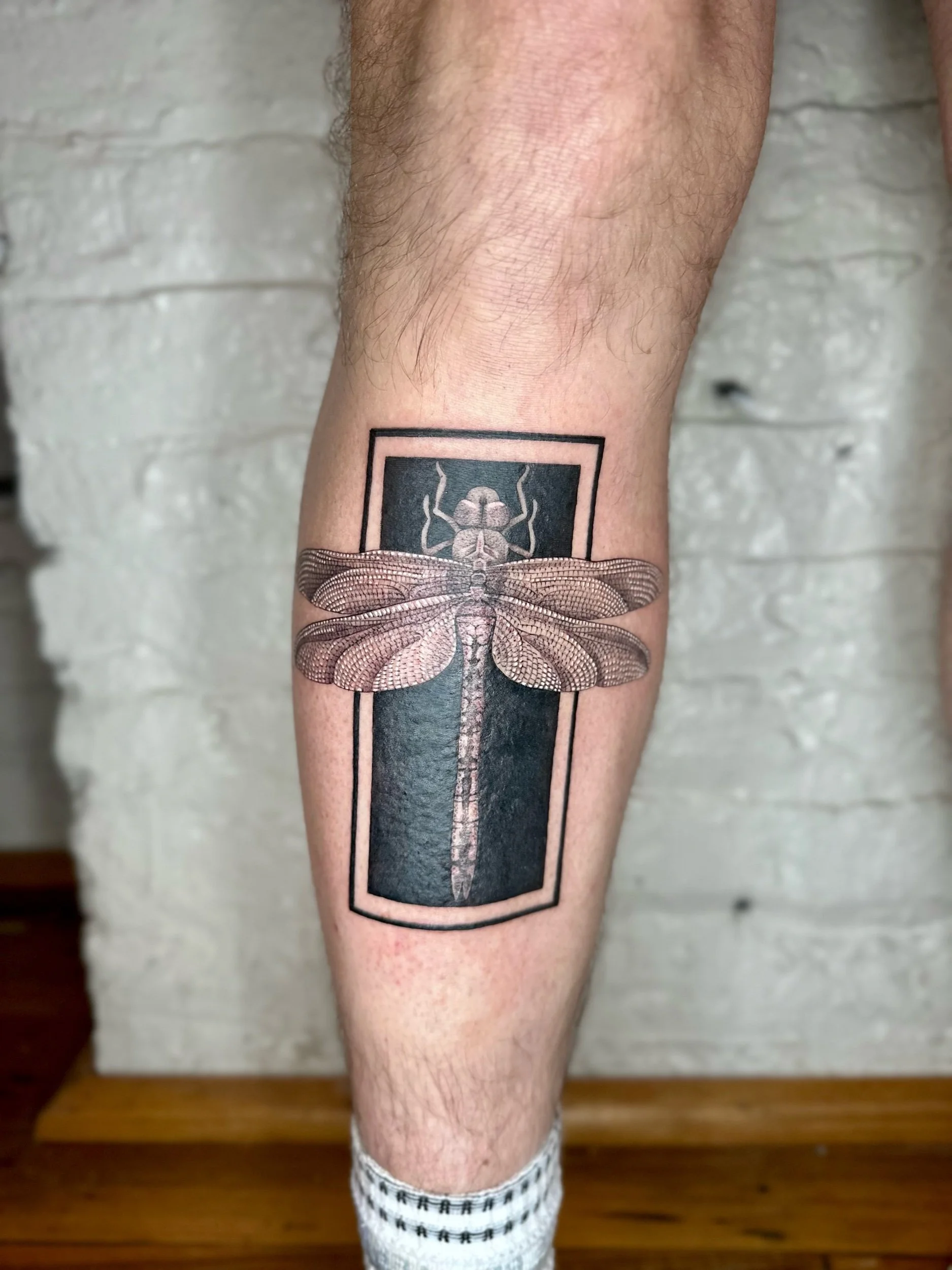 Black and Grey Dragonfly Tattoo with Framed Design