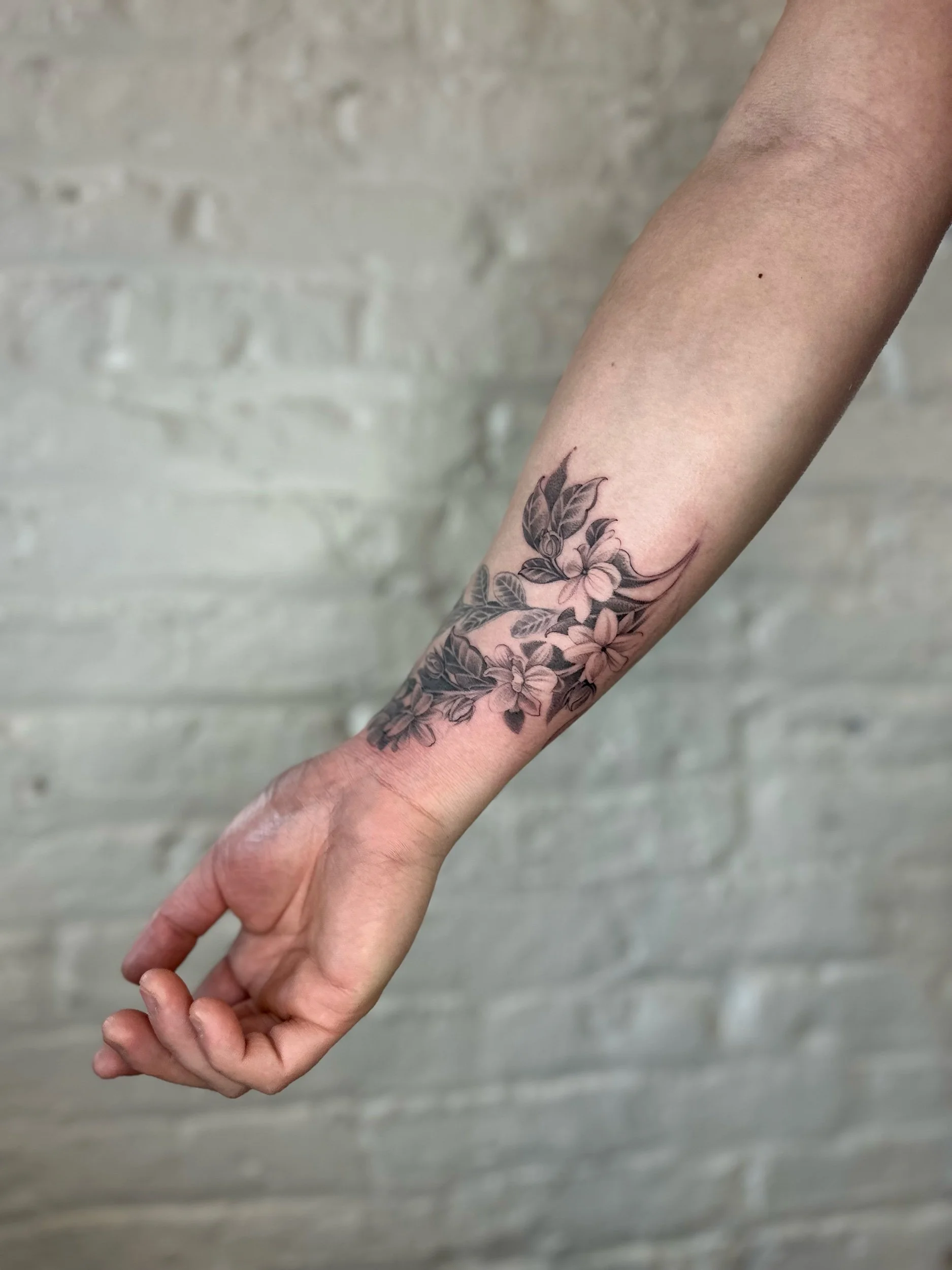 Black and Grey Fine Line Arabian Jasmine Tattoo