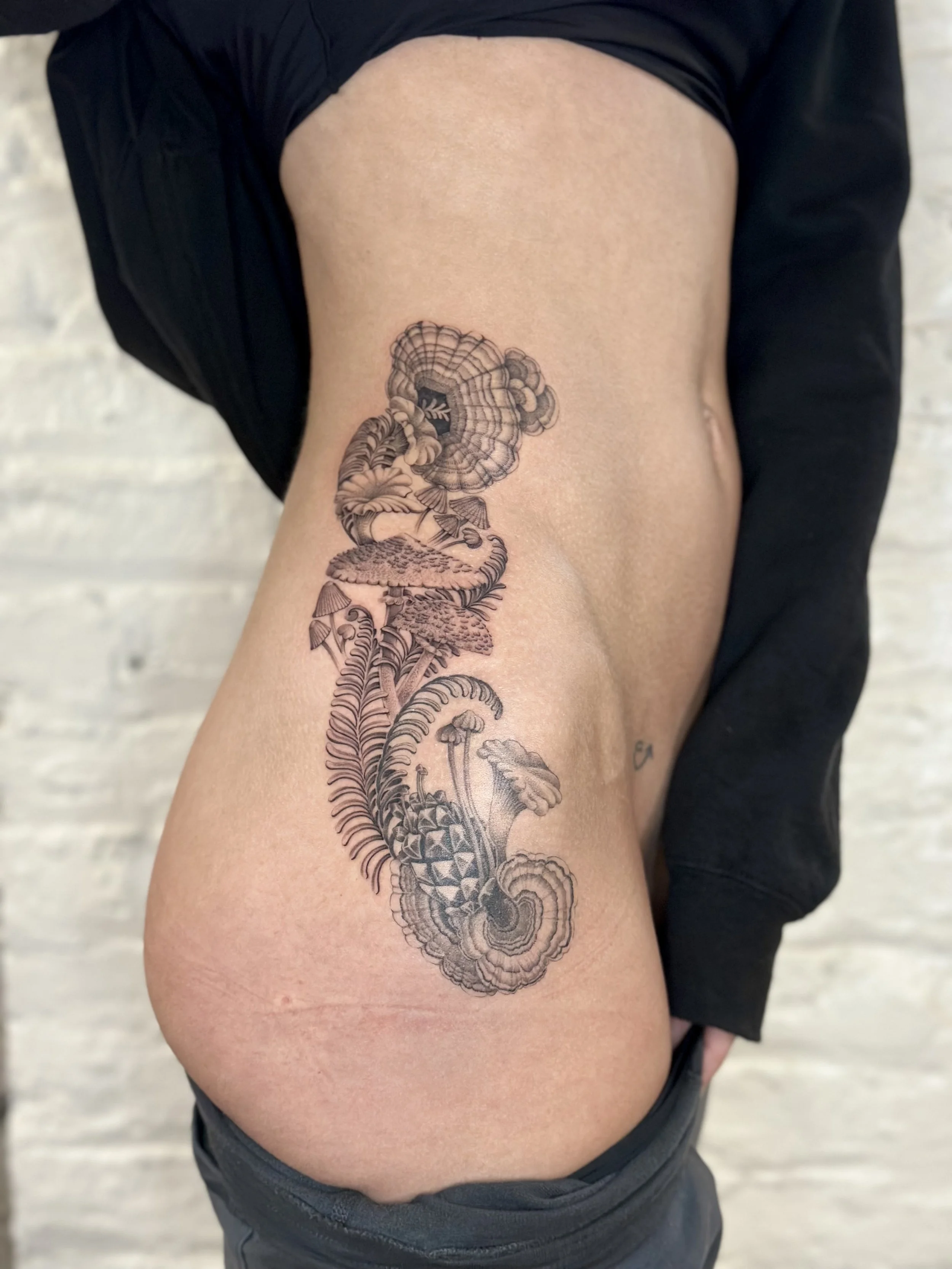 Black and grey fine line mushroom tattoo