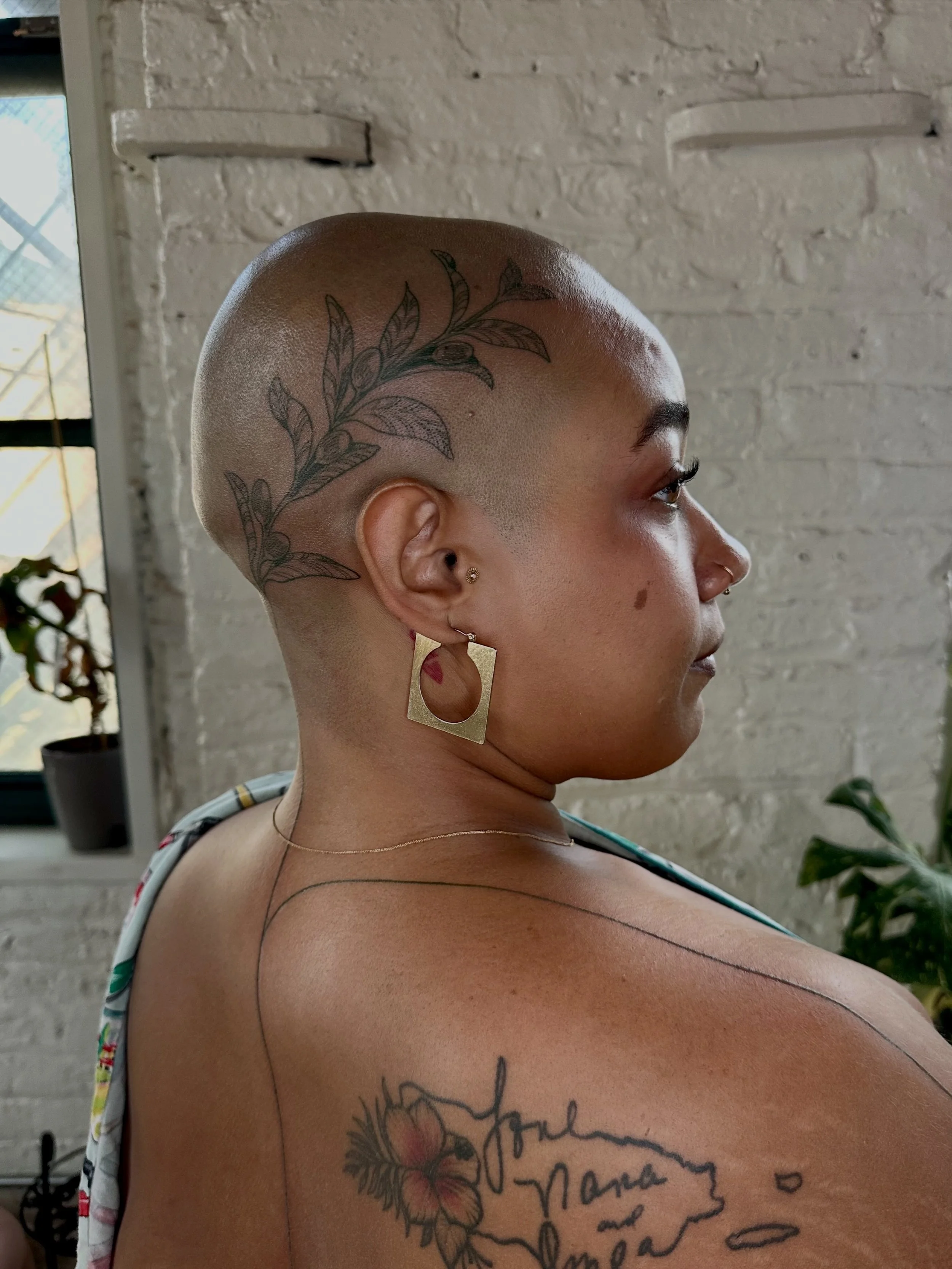 Fine Line Green Ink Olive Branch Head Tattoo | Emily May Fong