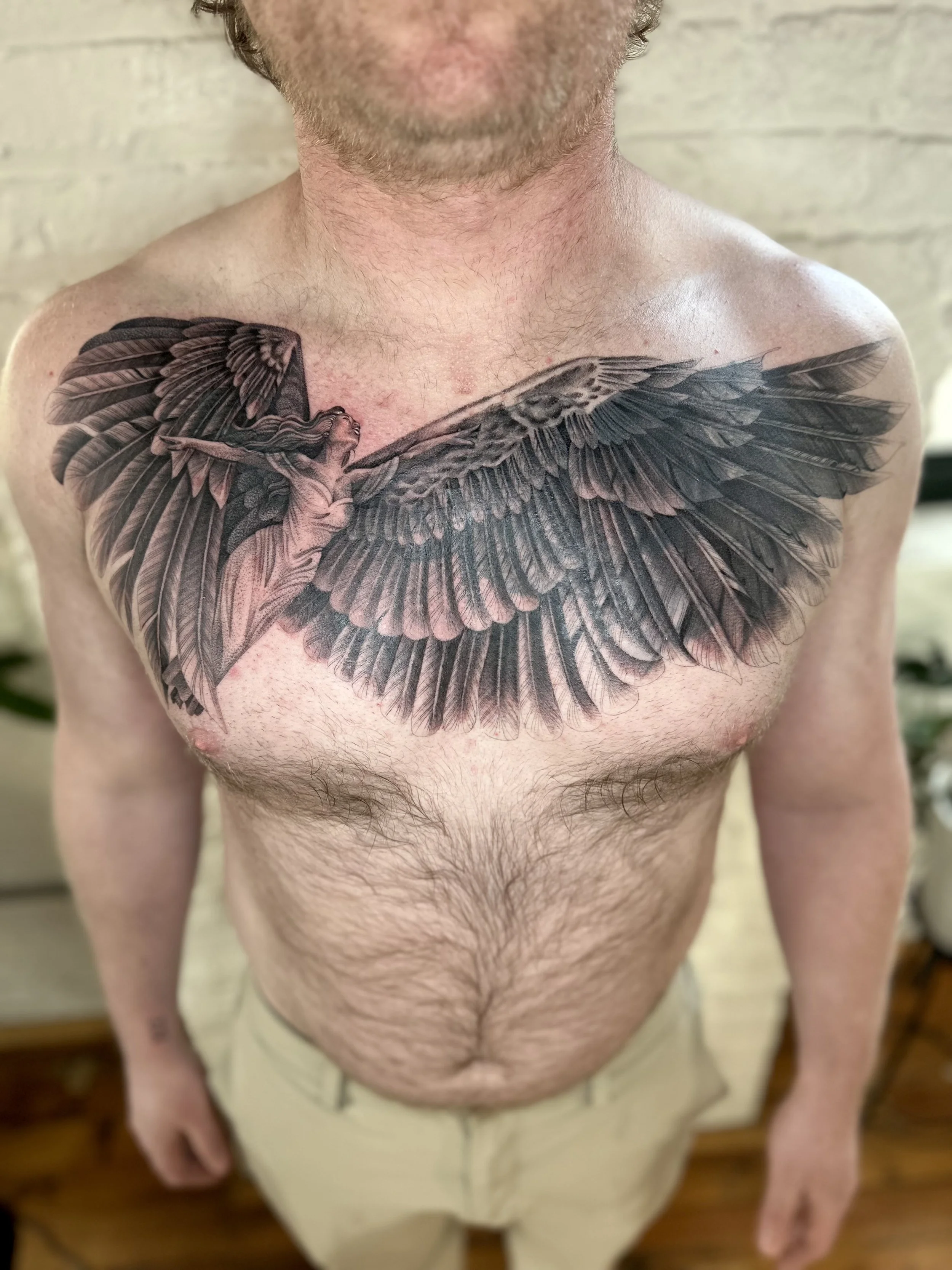 Black &amp; Grey Angel Chest Tattoo &amp; Rework | Emily May Fong