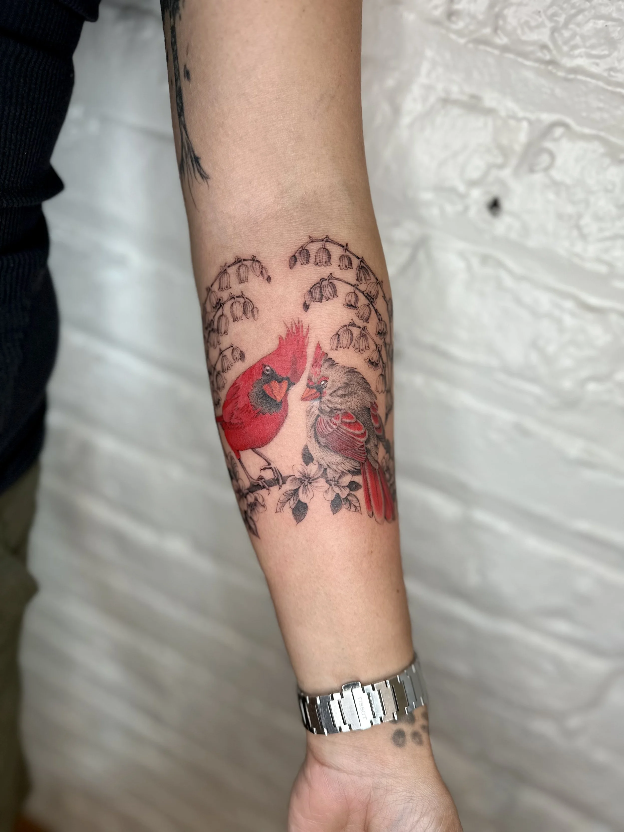 Fine Line Color Cardinal Memorial Tattoo | Emily May Fong