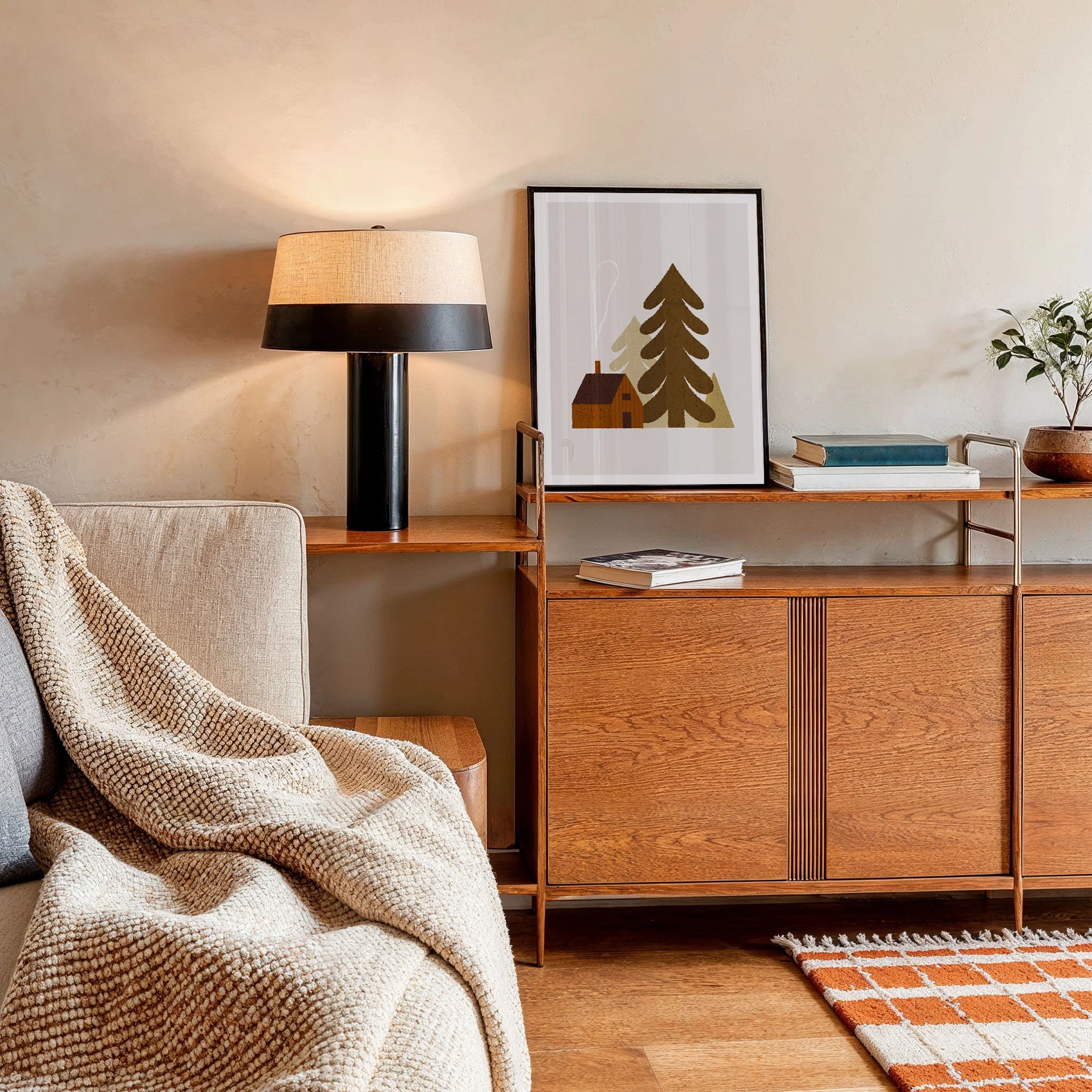 Layered textures in cozy living room with linen, wood, and wool accents