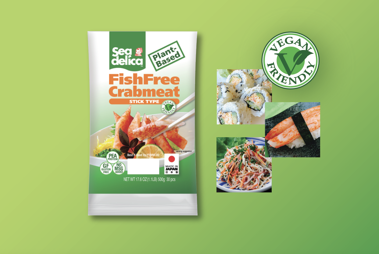   Sea-delica Plant-based FishFree Crabmeat, a new packaging design for the US market.  