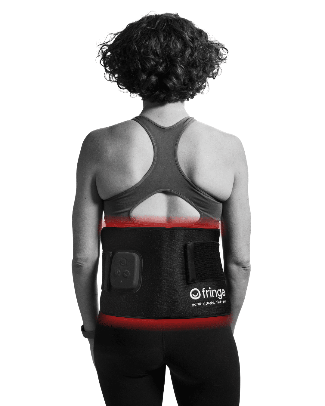A woman wearing a fringe red light wrap for low back pain