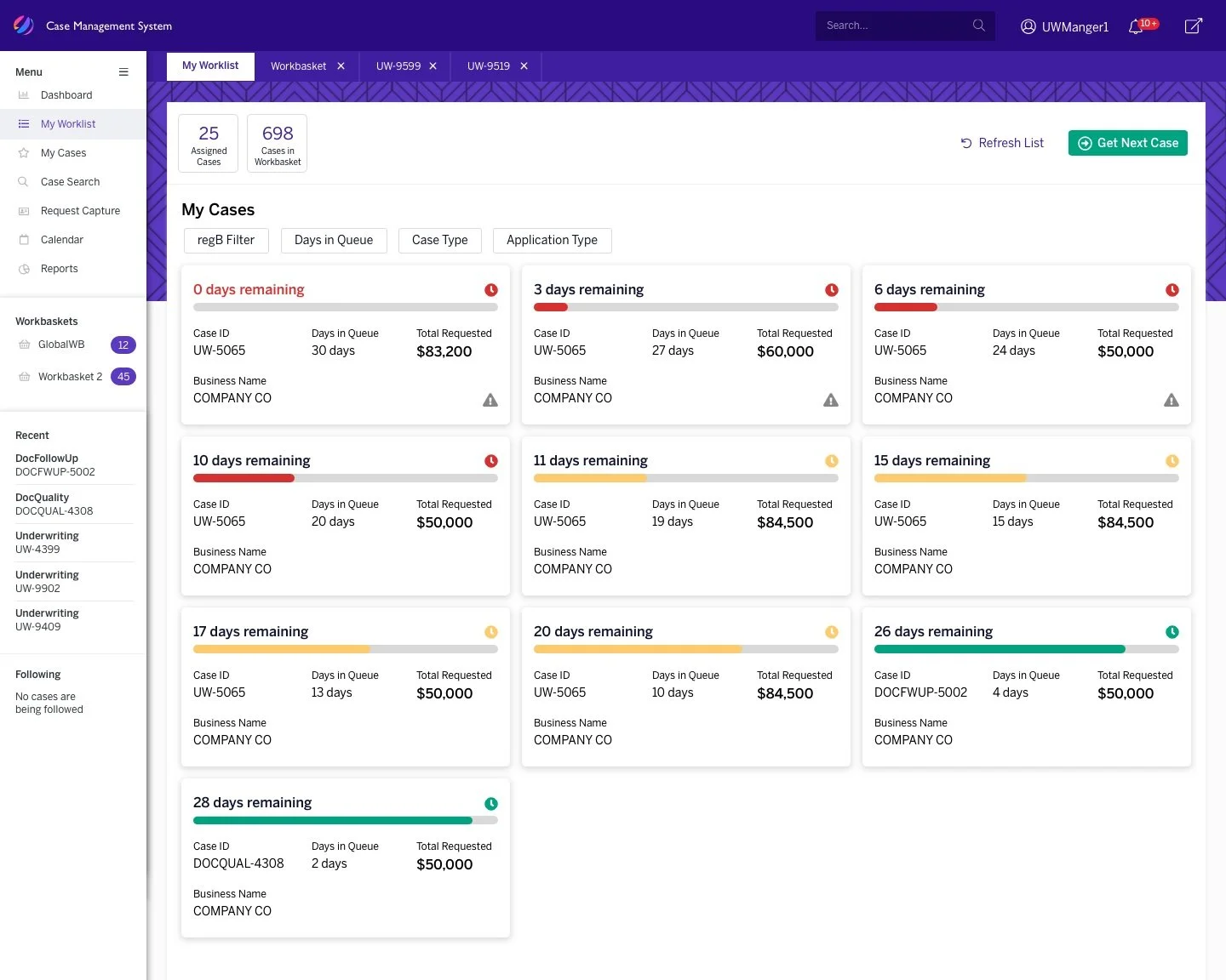  Mockup of the case management system homepage showing the user’s current worklist 