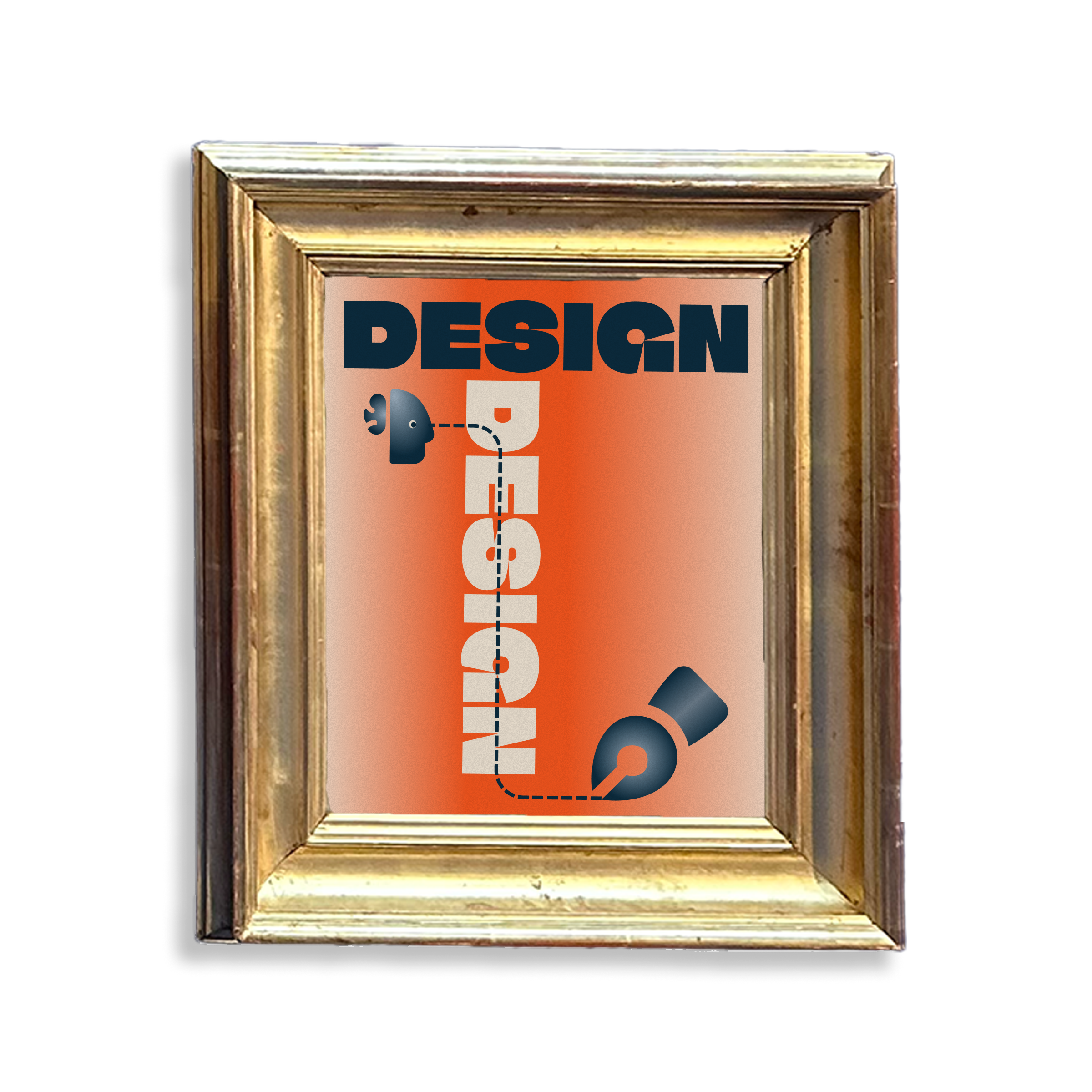 Art deco style poster saying design framed in a thick, photo-realistic picture frame