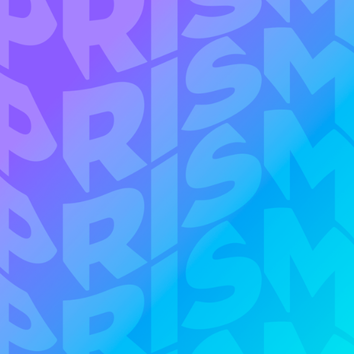 Bright purple to electric blue gradient background with a repeating, wavy text watermark reading "Prism" filling the image