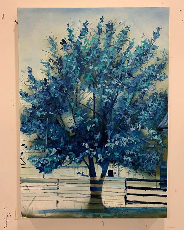 #wip just transitioning out of winter, about to add cherry blossoms 🌸 #Canadianart #springtime #blue #treepainting