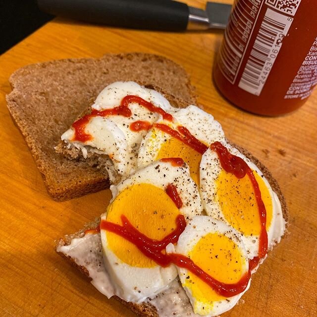 An excellent snack with @erikhoover spelt flour bread and our homegrown eggs. Yum. Thanks, friend.