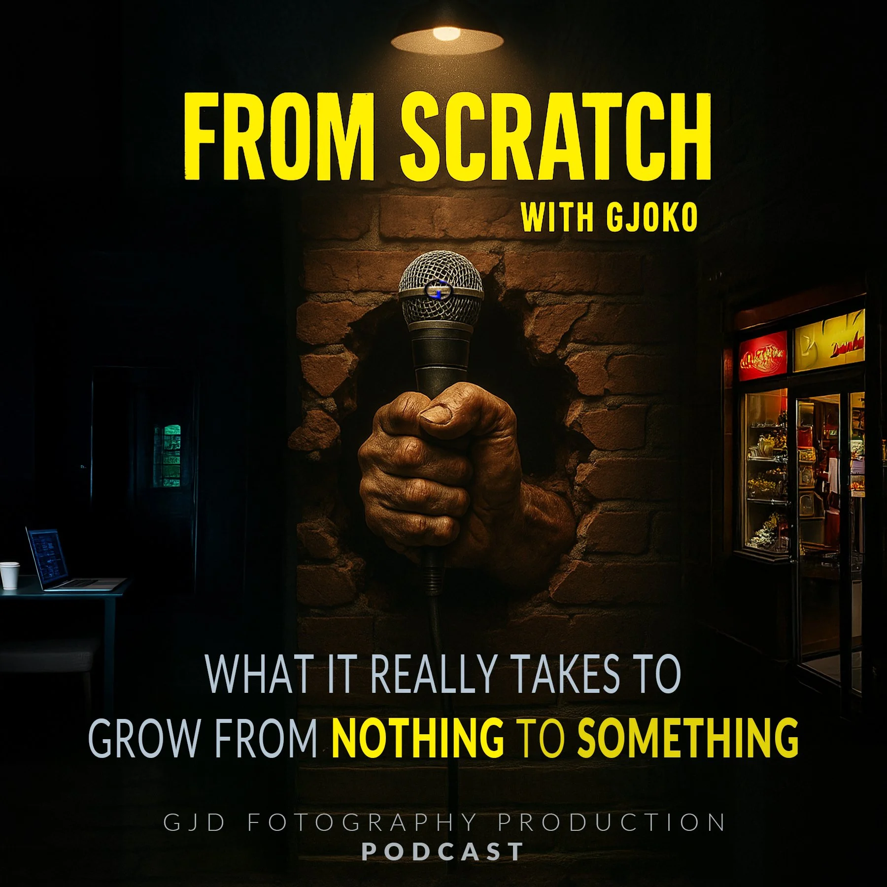A promotional poster with a brick wall background featuring a large hand gripping a microphone emerging from a hole in the wall. The top text reads 'FROM SCRATCH WITH GJOKO' in bold yellow letters. Below, it says 'WHAT IT REALLY TAKES TO GROW FROM NOTHING TO SOMETHING' in mixed gray and yellow text. At the bottom, it mentions 'GJD PHOTOGRAPHY PRODUCTION PODCAST'.