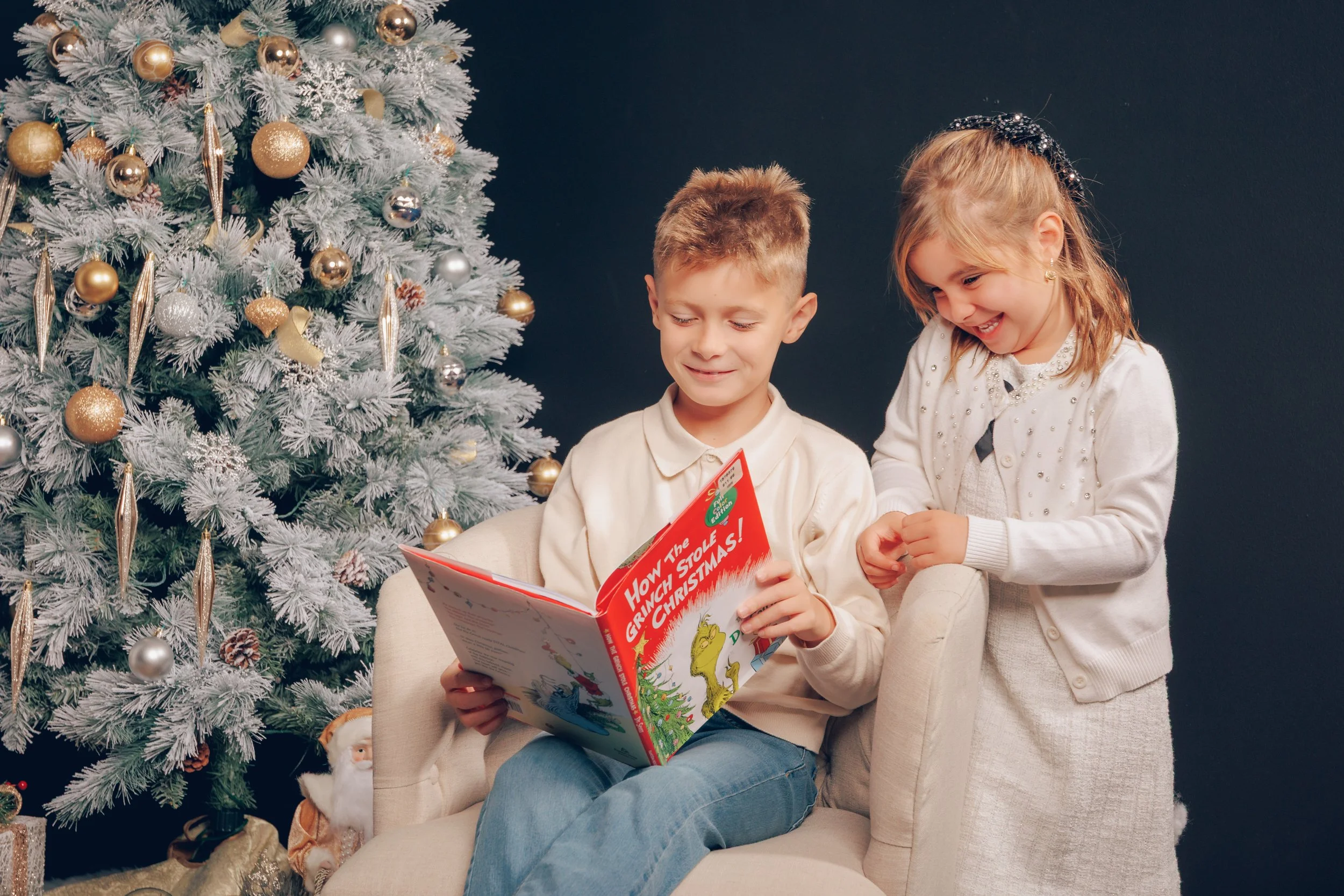 Two children, a boy and a girl, sit on a chair with a Christmas tree decorated with gold and silver ornaments in the background. The boy is reading a holiday storybook titled 'How the Grinch Stole Christmas,' and the girl is smiling and looking at th