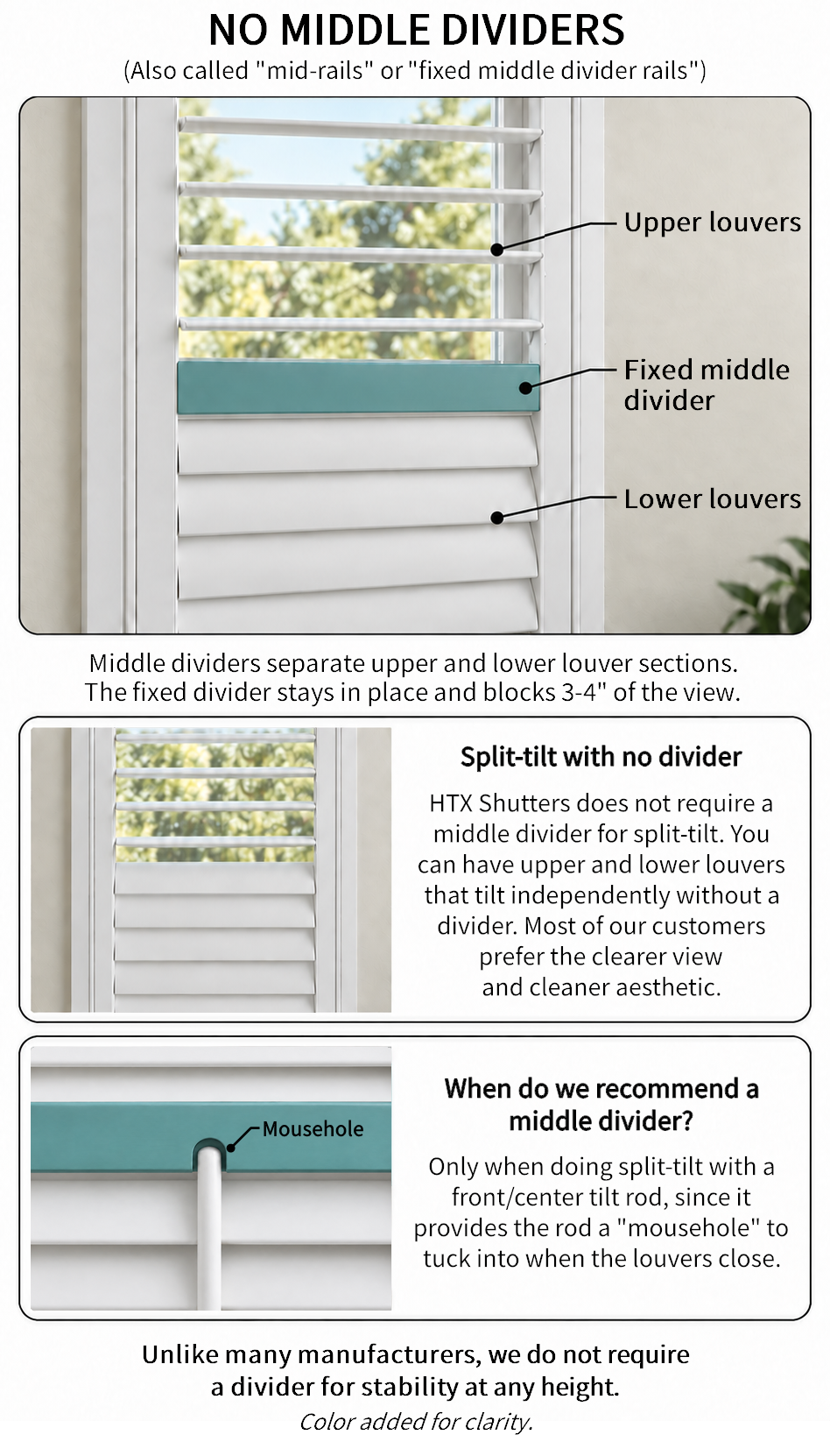 Split-tilt plantation shutter with a fixed middle divider rail compared with an HTX Shutters panel that has no divider rail