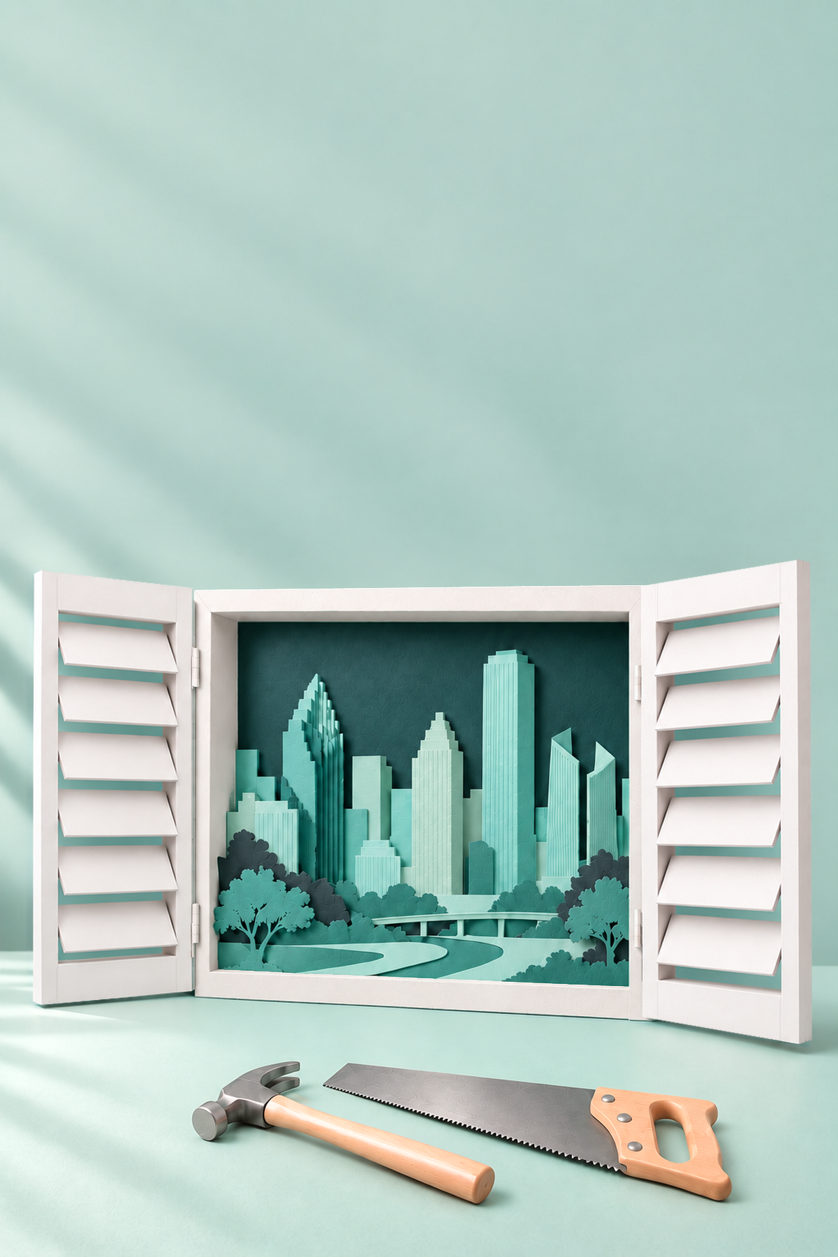 Paper-craft illustration of white wood plantation shutters opening onto the Houston skyline and Buffalo Bayou, with a hammer and saw