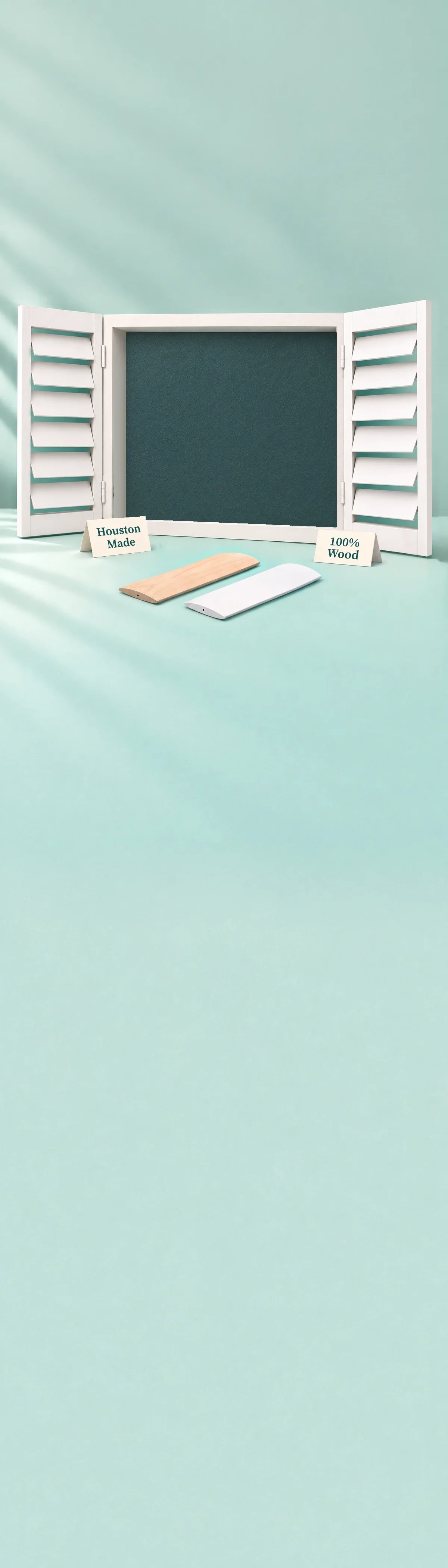 Paper-craft illustration of white wood plantation shutters opening onto the Houston skyline and Buffalo Bayou, with two matching slim oval-profile louver samples with small centered pivot holes, one natural hardwood and one finished white, resting on a continuous mint floor beside warm parchment material cards reading Houston Made and 100% Wood in Source Serif 4 Semibold
