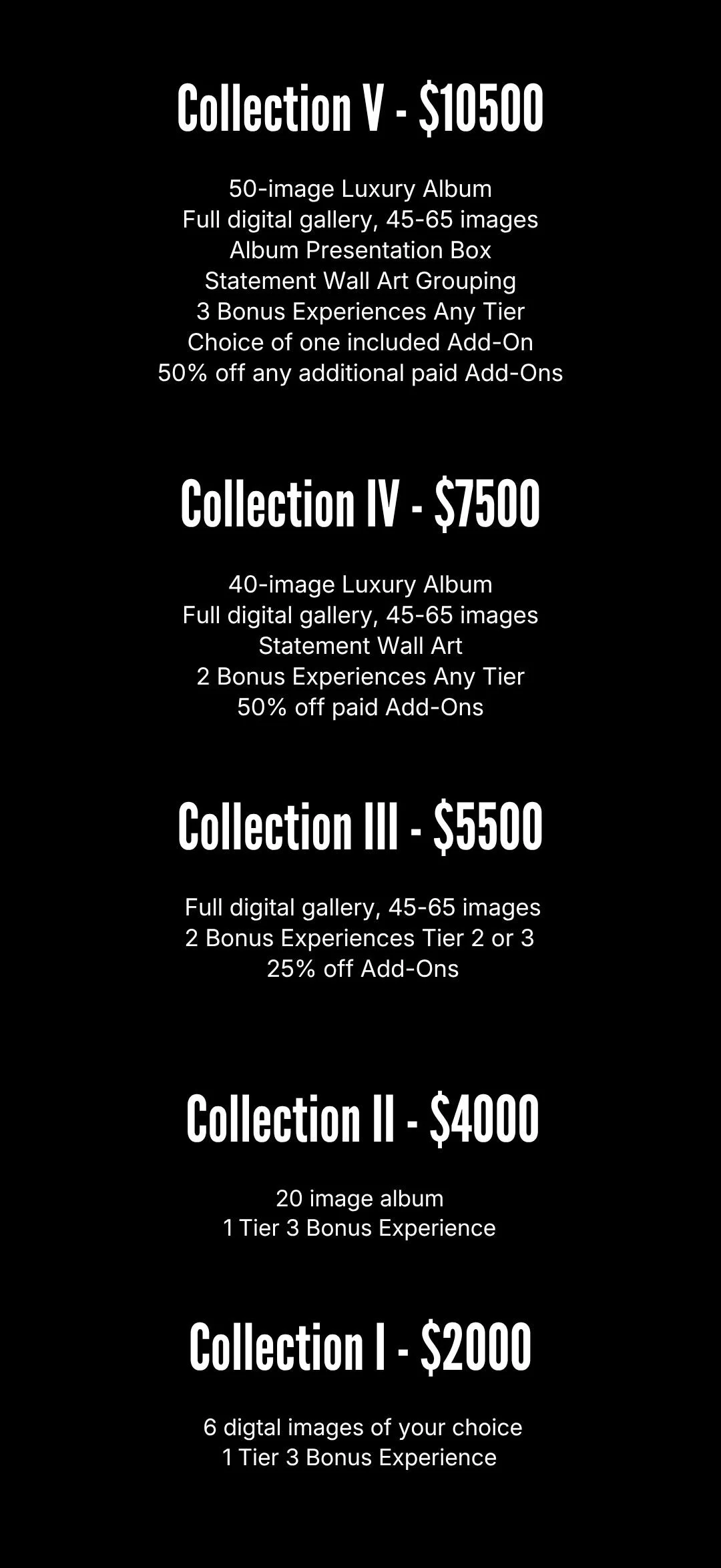 Pricing options for different photo collection packages displayed on a black background, detailing number of images, prices, and included experiences.