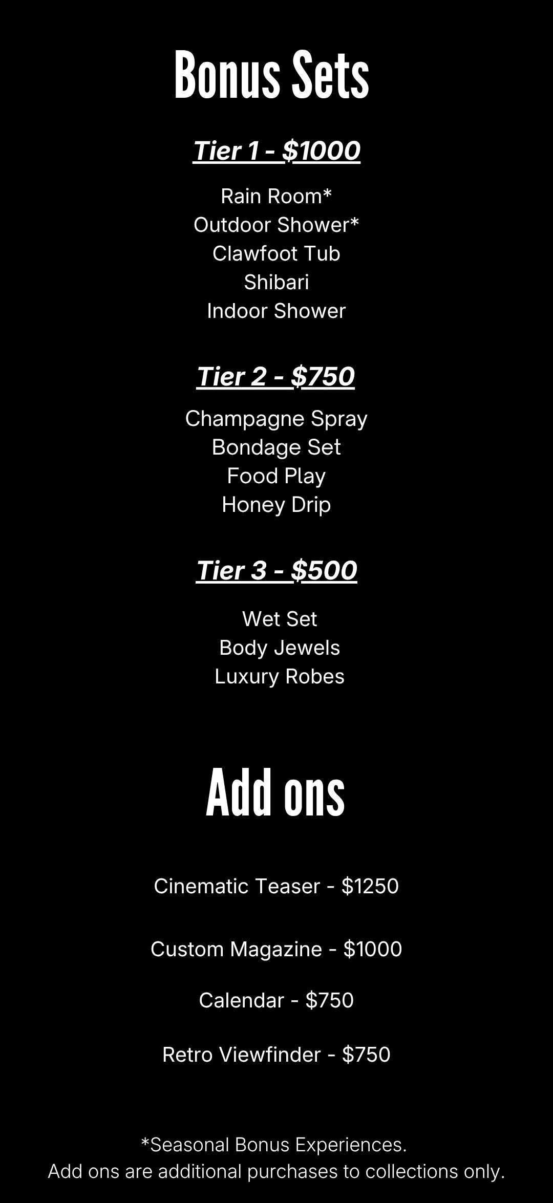 Menu listing different bonus sets and add-ons with prices, including tiers for various luxury experiences and promotional offers.