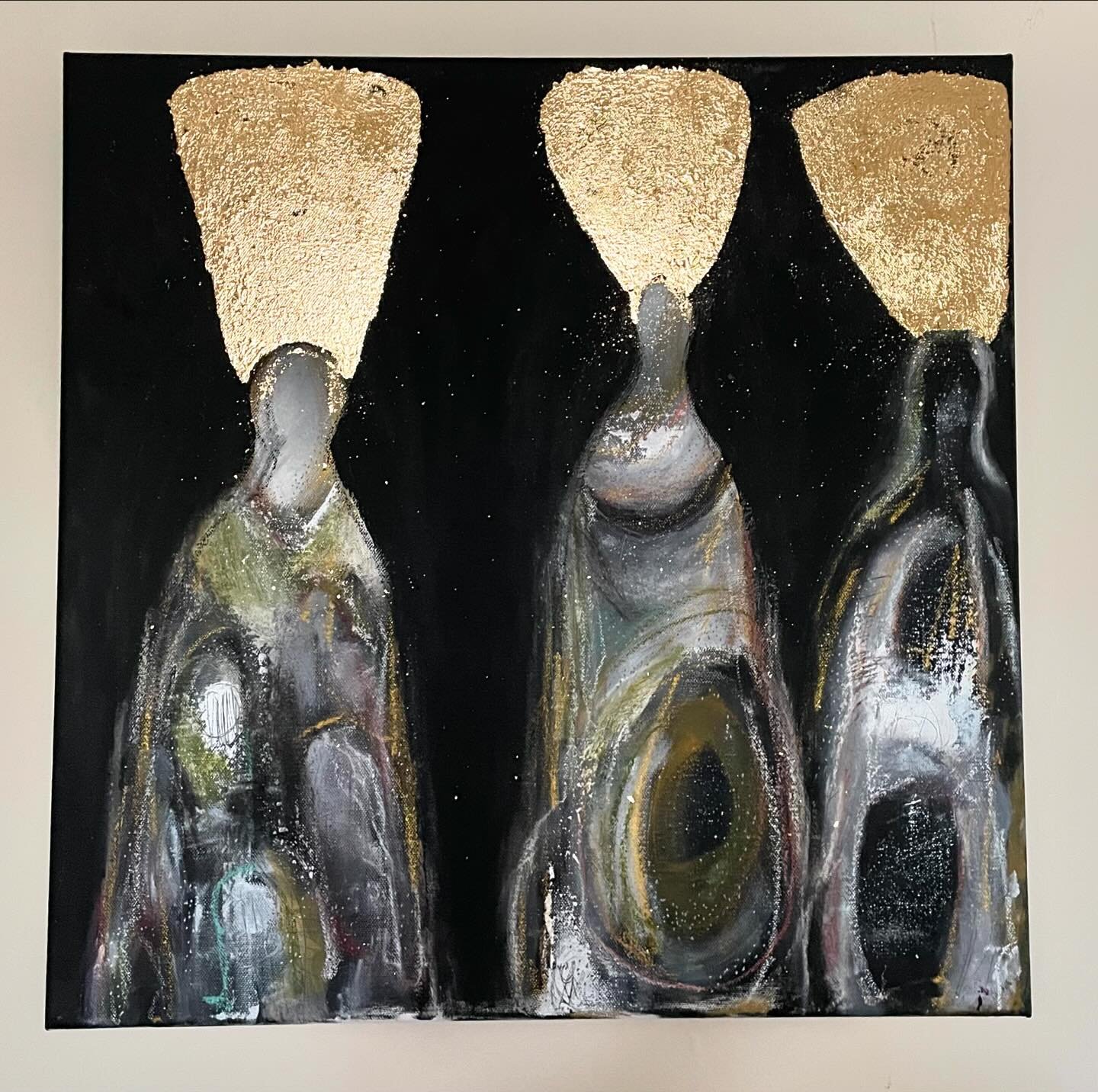 The Holy Women emerged from the canvas. The evolution of a painting , their morphing a cosmic shift- from nebulae to dark space - taking their rightful place in the order of things
.
Acrylic, oil pastel, soil from my favorite hill above Loch Lomond a