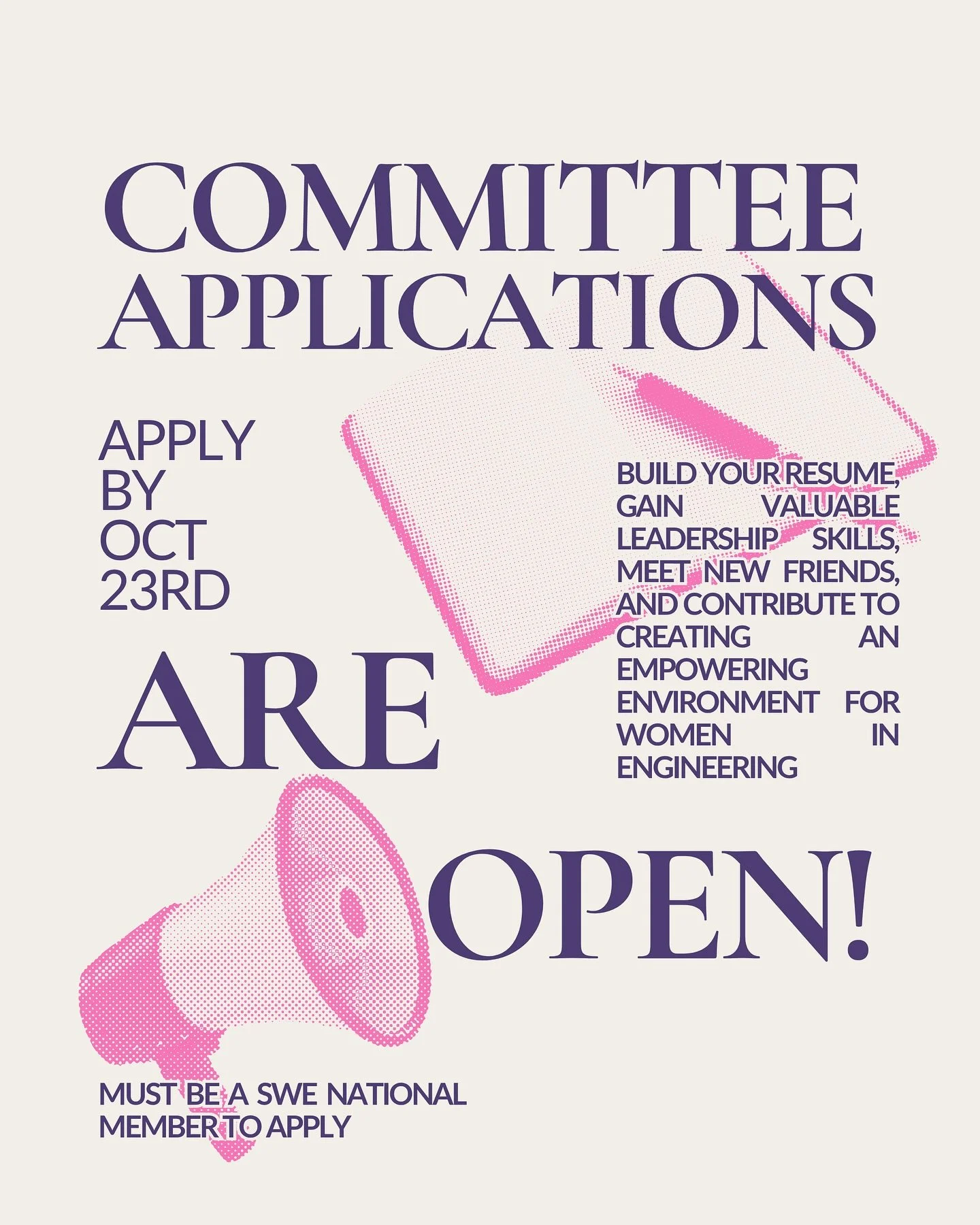 Interested in holding a leadership position for SWE? Check out the link in bio to learn more! 

No previous experience is necessary for any position, all SWE national members are welcome to apply! 📨

Applications due Thursday, October 23rd at 11:59p