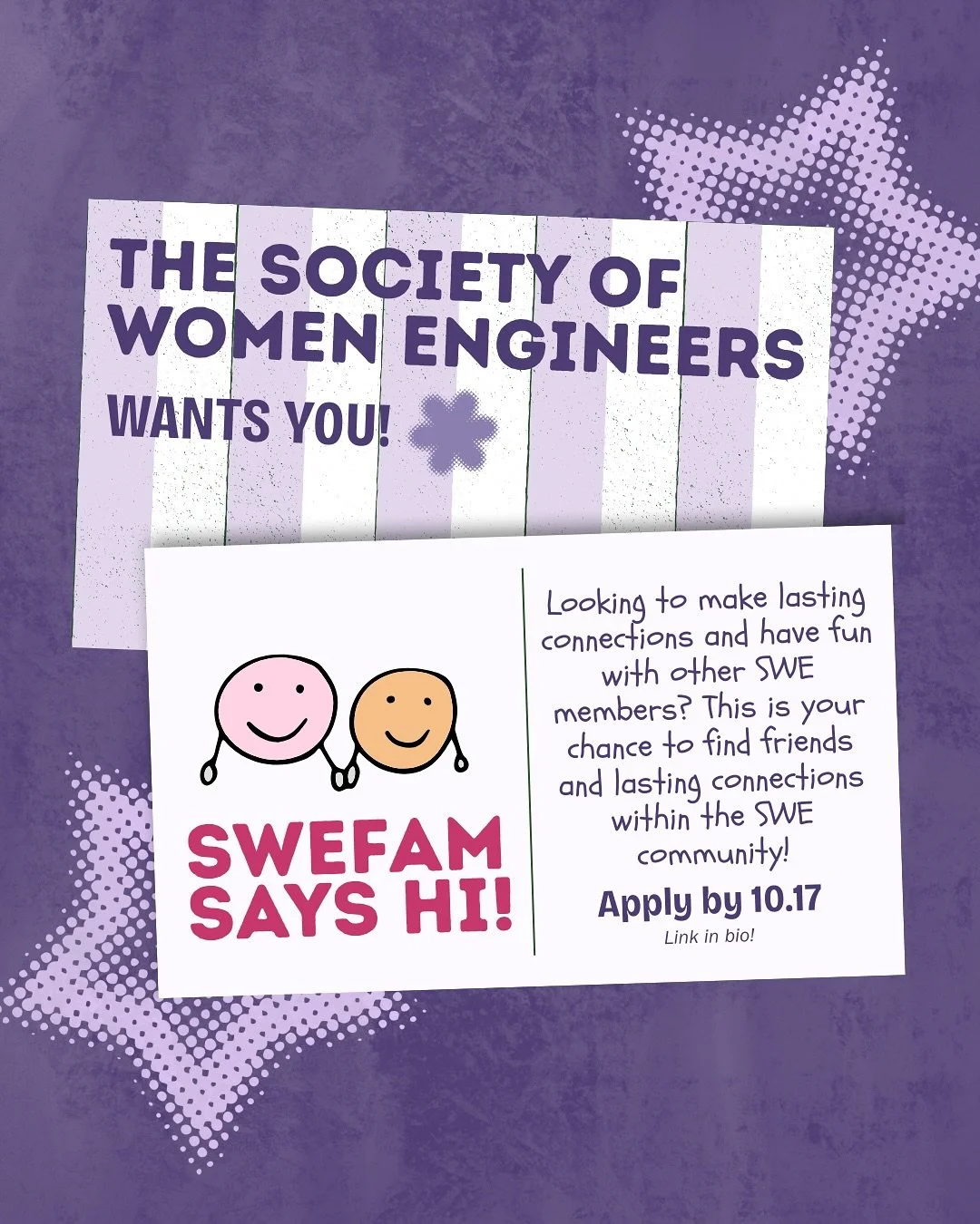 Join a SWE Family! We are excited to announce the SWE Family Member Application is now OPEN. 

Looking to make lasting connections and have fun with other SWE members? This is your chance to find friends and lasting connections within the SWE communi