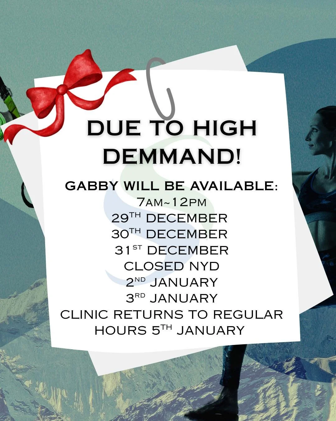 YOU ASKED, WE LISTENED👂
Our gift to you🎁: additional availability over the holidays to help you move into the new year feeling your best!
Book in now with Gabby, limited appointments available- get in quick!

#masteringmovement #chelsea3196 #baysid