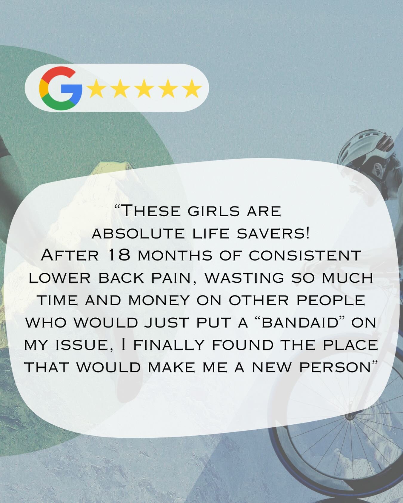 ⭐️We will never get tired of these reviews⭐️
We don&rsquo;t work with the bandaid approach. We can help you work out the what, why and how of your pain or injury and work with you to fix it!