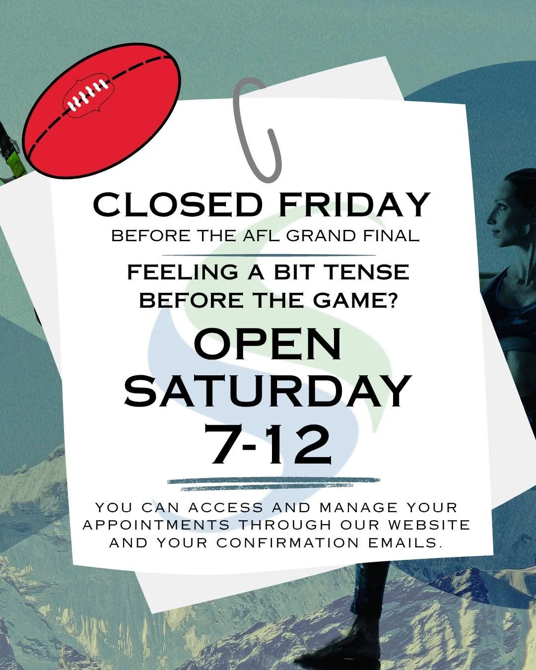 Feeling a bit tense before the big game? 👀🏉

We&rsquo;ll be closed Friday for the AFL Grand Final public holiday, but we&rsquo;re back bright and early Saturday 7am&ndash;12pm 🙌

Get yourself sorted before the first bounce - appointments are avail