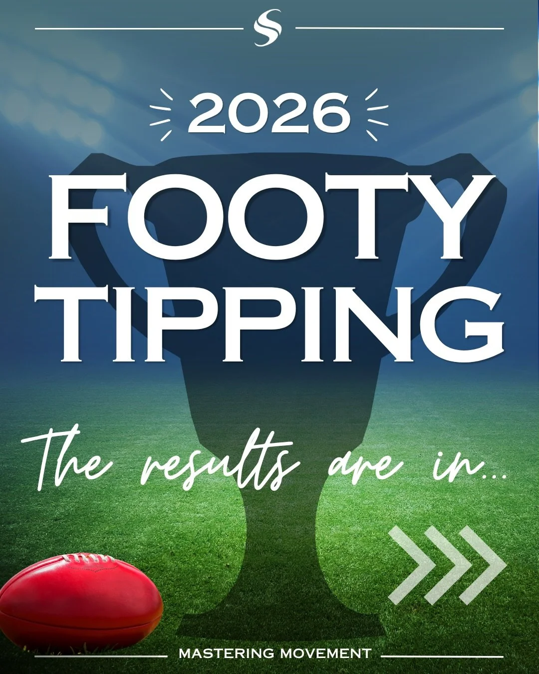 🏉 2026 FOOTY TIPPING DONE!🏉

A huge thank you to everyone who joined in and tipped with us this season!

🏆 1st &mdash; Stephooty - $100 Mastering Movement voucher
🥈 2nd &mdash; Footy Pirate - $50 Mastering Movement voucher
🥉 11th &mdash; Paul - 
