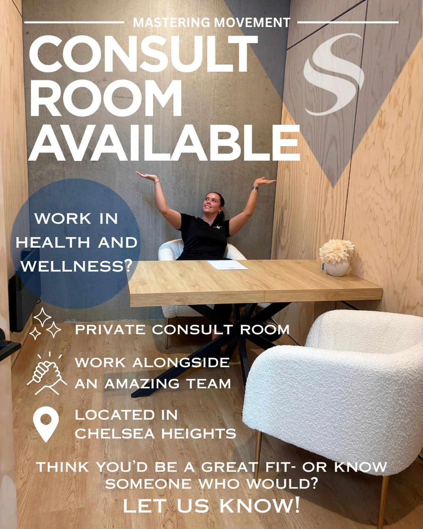 Looking for a space to make your own?

We have a consult room available to sublease at Mastering Movement in Chelsea Heights!

If you work in the health and wellness space and are looking for a beautiful clinic space alongside a pretty great bunch of