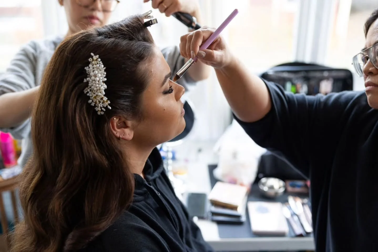 Love these BTS moments with the dream team 💜 

Makeup by Donna 
Hair by Charisse 
@beautyhauscollective 

📷 @jaimemphotography