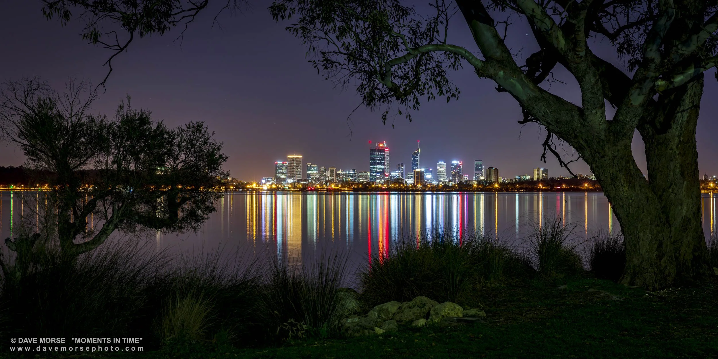 Applecross. Image No. A1693.30820.169 ... Reflections of Perth City lights through the trees at Applecross dog beach. 30/8/2020.