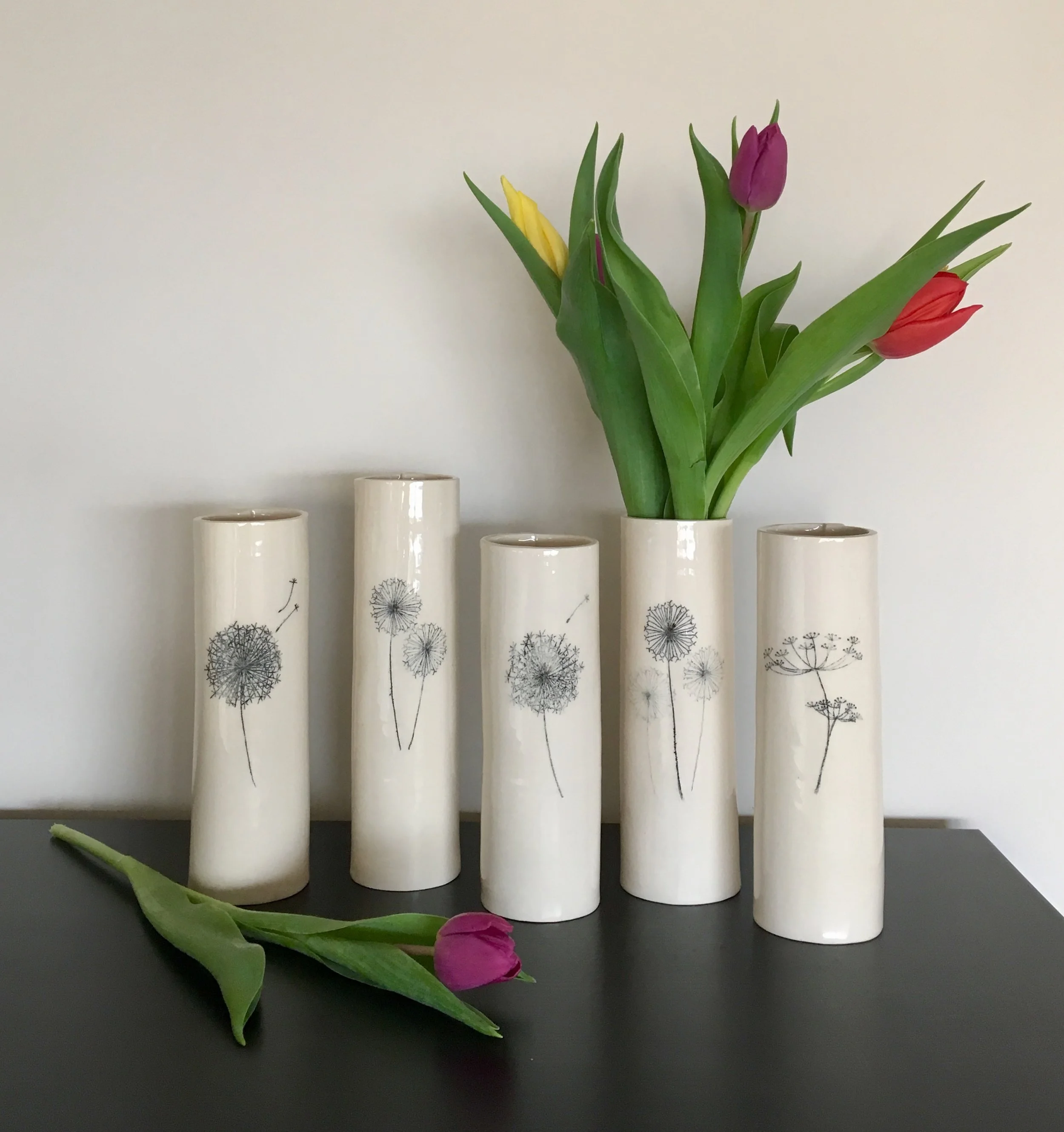 5white vases, tulips.JPG